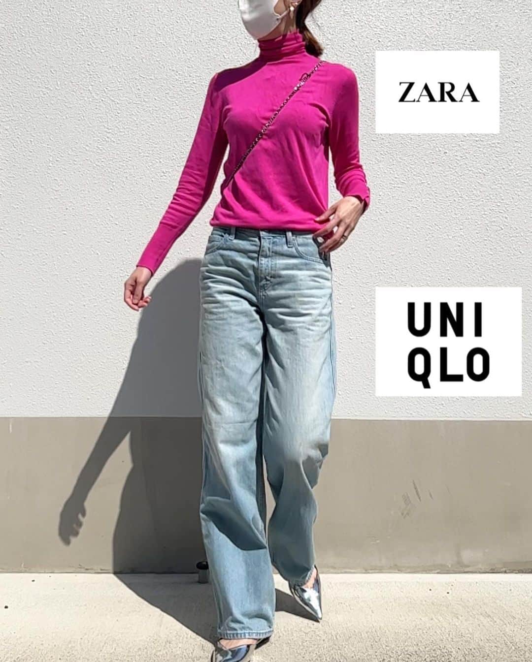 のインスタグラム：「秋に購入した #ザラ のニット ビビットな色もたまには良き🌸  シルバーのぺたんこ靴は欲しくてやっと買えた✌️これもZARA  knit shoes #zara  denim  #uniqlo  #ユニクロ  #バギージーンズ  #ユニクロきれいめ部  #ユニジョ #アラフォー #アラフォーコーデ  #プチプラコーデ  #プチプラ高見えコーデ  #ユニクロコーデ #ユニクロ購入品  #高身長コーデ  #高身長女子  #高身長#locari #上下ユニクロ部  #着回しコーデ #uniqloginza2023ss #ユニクロ23春夏何買った  #春コーデ #推しユニクロ2023 #キャップコーデ」