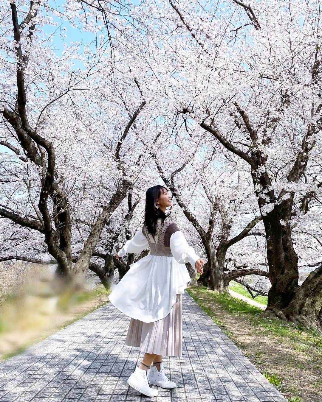 加藤夕夏のインスタグラム：「⁡ ⁡ ⁡ お花見🌸 ⁡ ⁡ 4月もよろしくお願いします🌸 ⁡ ⁡ #桜 #お花見 #お花見コーデ #NMB48 #うーか #加藤夕夏 #うかしふく #4月」
