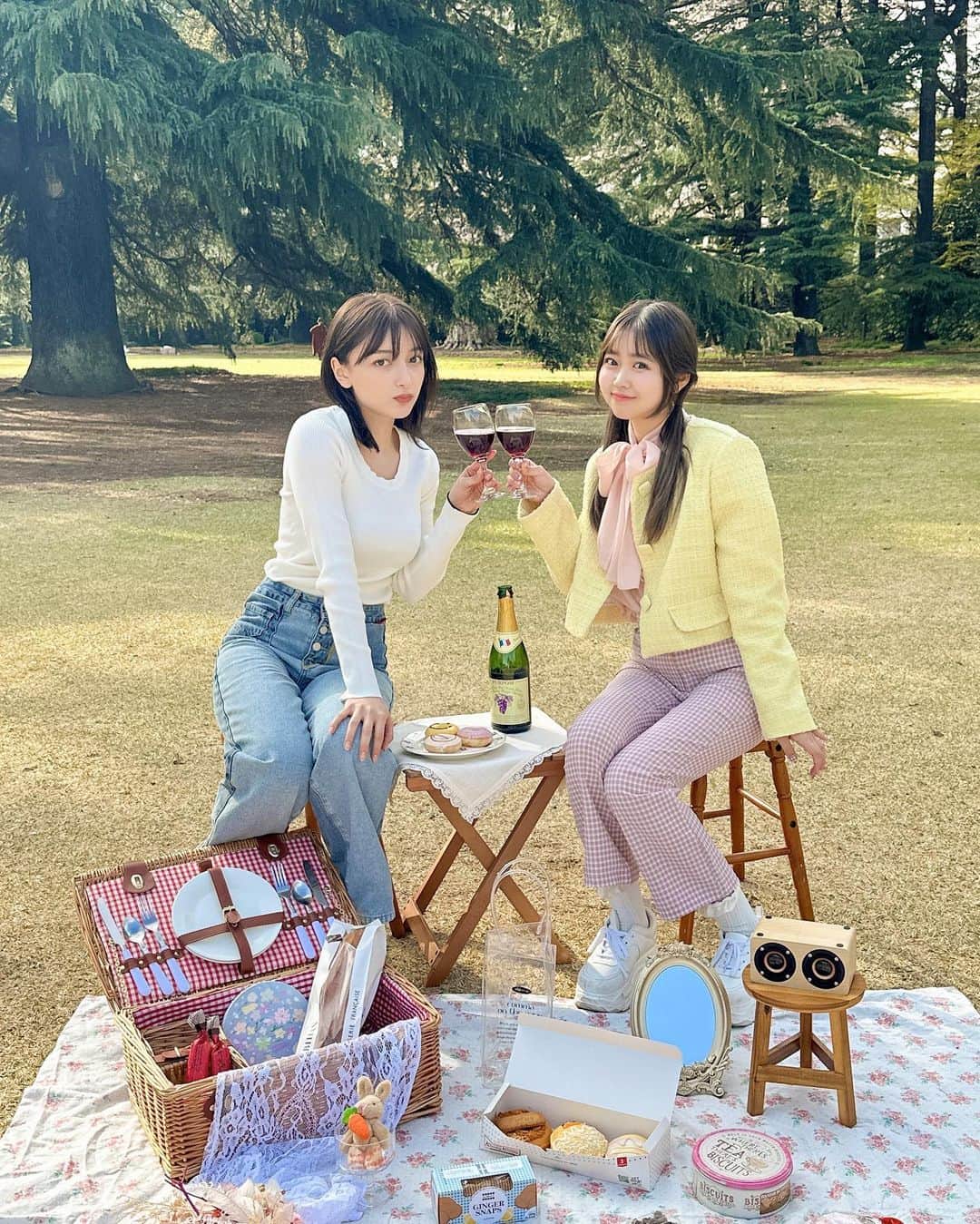 ほのぴすさんのインスタグラム写真 - (ほのぴすInstagram)「@picnic_mimi でピクニックグッズをレンタルしてえりちゃん　@myxx_erika とピクニックしてきた☺️✨  ずっと雨予報で、、というか雨降ってたんだけど 時間ずらしたら晴れてくれたの😭感動😭  Mimiは御苑の入り口から徒歩2分くらいにあるレンタルピクニック屋さん！ ピクニックグッズは日本で一番多いんじゃないかな？500種類以上ある🥰  早く行きたかったんだけど、やっと行けた😍😍！！！ 新宿御苑はお酒NGだから、写ってるのはKALDIのぶどうジュース！  ちょーど今ピクニックシーズンだから、夏本番前に何回か行きたいなー！！！  #レンタルピクニック #ピクニックレンタル #ピクニックレンタルmimi #新宿御苑 #shinjukugyoen #tokyo #tokyotravel #tokyotravels #도쿄여행  #도쿄 #도쿄카페 #도쿄맛집 #新宿御苑前グルメ #新宿御苑カフェ #東京ピクニック #代々木公園 #yoyogipark #yoyogi #sakura #おしゃピク #お花見ピクニック#お花見スポット #推し活 #推しピク」4月1日 21時38分 - noponopisu2
