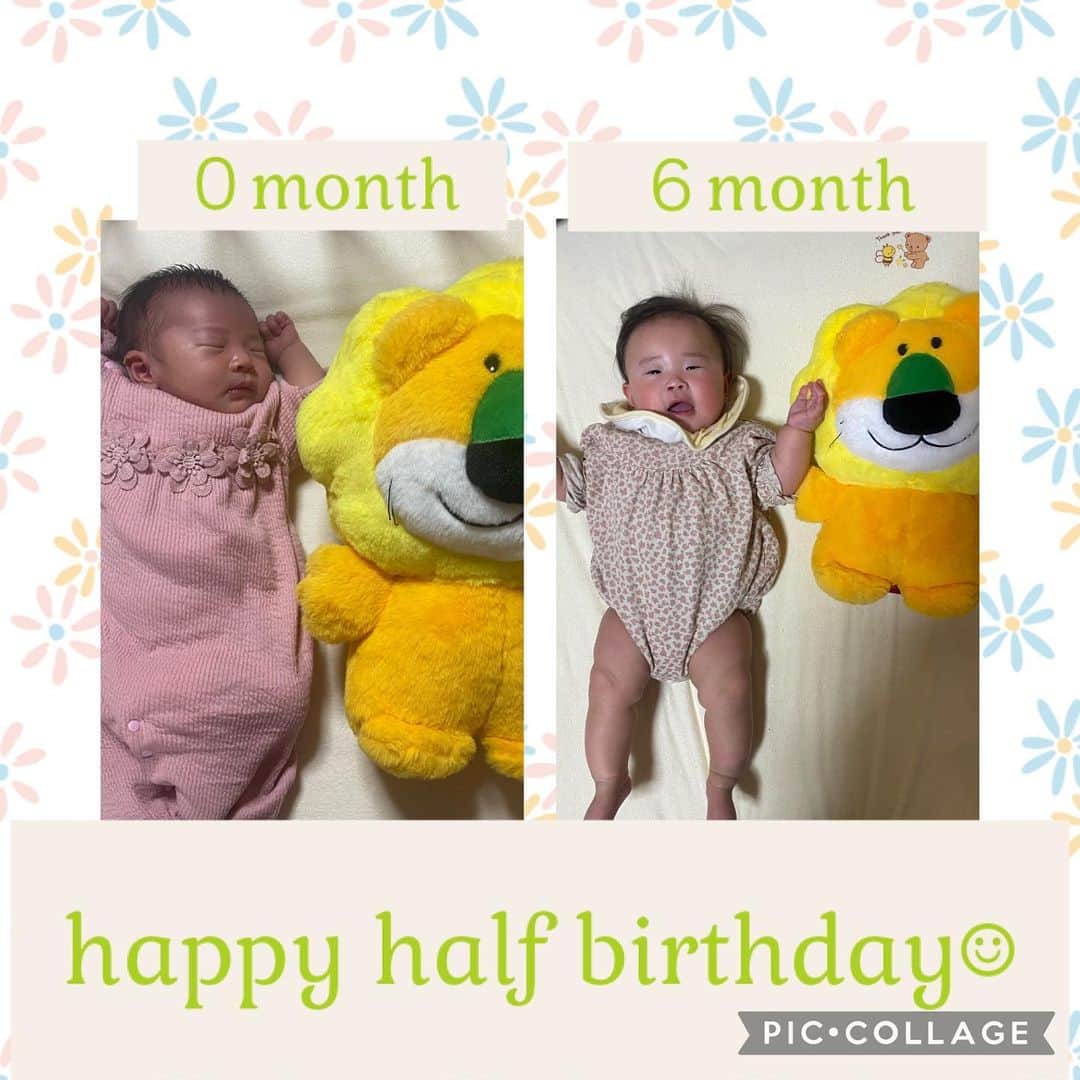 下野佐和子のインスタグラム：「#生後6ヶ月 #おめでとう #ハーフバースデー #6ヶ月ベビー #女の子ベビー #halfbirthday #こどものいる暮らし #赤ちゃんのいる生活   【娘さん　生後6ヶ月迎えました】 どんどん成長して行く娘、 嬉しくもあり、この表情は今しか見れないんだな〜って思ったら、急に愛おしくなったり🫶🏻もう産後も遠に過ぎてるはずなのに、まだまだメンタルぶれる日もあるし、大変な事も多いけど、改めて“生まれてきてくれてありがとう”.....2023.4.1」
