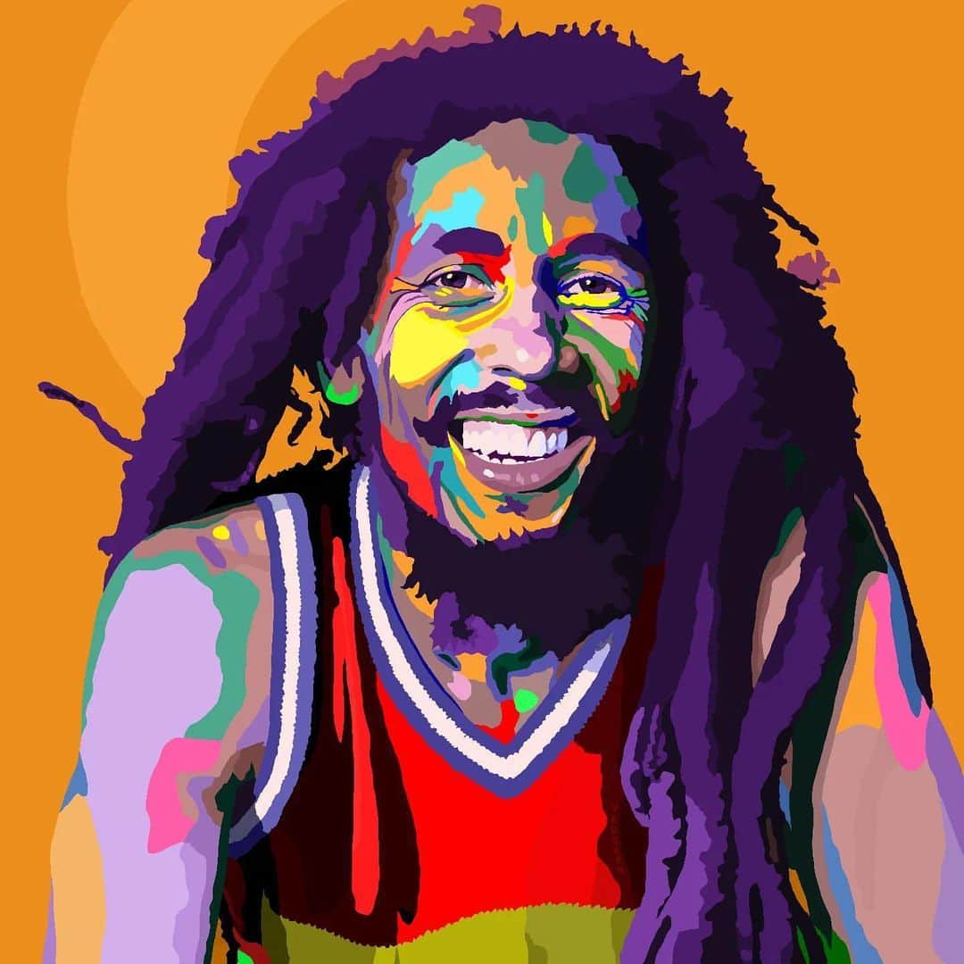 のインスタグラム：「♪ When the morning gathers the rainbow, want you to know: I’m a rainbow too. ♪ #SunIsShining #bobmarley  🎨 by @vakseen  Post your original Bob works tagged #bobmarleyart and we’ll keep sharing some favorites!  #reggae #popart #contemporaryart #contemporarypainting #blackart #blackartist #portrait #portaiture #colorful」