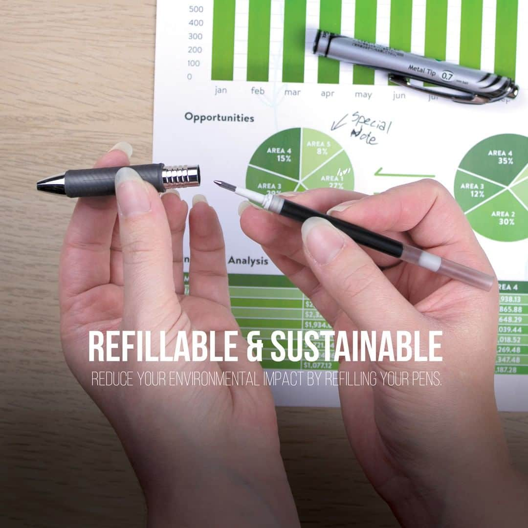 Pentel Canadaのインスタグラム：「EnerGel Refillable & Sustainable pens – Over 50% of the materials used to create these products were recycled materials and most EnerGel pens can be refilled with EnerGel refills. Reduce your environmental impact by refilling your pens.  Visit the link in our bio for a list of retailers that carry our refills.  #refill #refillrevolution #energel #energelpens #stationery #stationeryaddict」