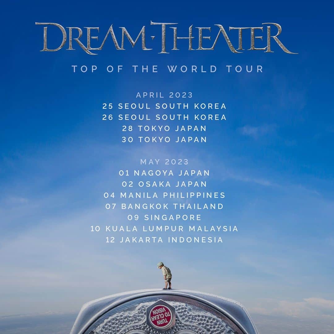 ドリーム・シアターのインスタグラム：「Later this month we are off to Asia on our Top of the World Tour! 🤘 We can’t wait to play for all of you!  April 2023 25 Blue Square Mastercard Hall Seoul South Korea 🇰🇷 26 Blue Square Mastercard Hall Seoul South Korea 🇰🇷 28 LINE Cube Shibuya Tokyo Japan 🇯🇵 30 Nippon Budokan Toyko Japan 🇯🇵  May 2023 01 Civic Center Forest Hall Nagoya Japan 🇯🇵 02 International Conference Center Osaka Japan 🇯🇵 04 Smart Araneta Coliseum Manila Philippines 🇵🇭 07 MGI Hall Bangkok Thailand 🇹🇭 09 The Star Performing Arts Centre Singapore 🇸🇬 10 Zepp Kuala Lumpur Malaysia 🇲🇾 12 EcoPark Ancol Jakarta Indonesia 🇮🇩  #DreamTheater #TopOfTheWorldTour」