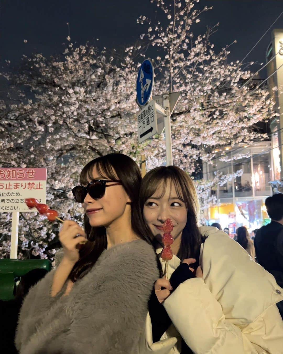 岡島彩花のインスタグラム：「可愛い妹とお花見🌸🍡  クマ治療終わりで、 目が腫れてたのでサングラス（笑）  夜は真っ暗で怖かった😅」
