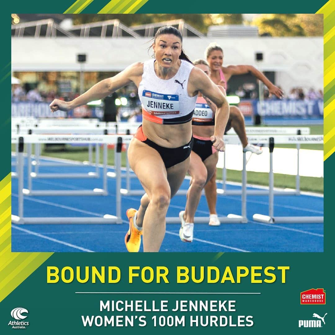 ミシェル・ジェネクのインスタグラム：「The Australian title and another world championship qualifying time in the bag!👜  @MJenneke93 has punched her ticket to Budapest!🔥   #ThisIsAthletics」