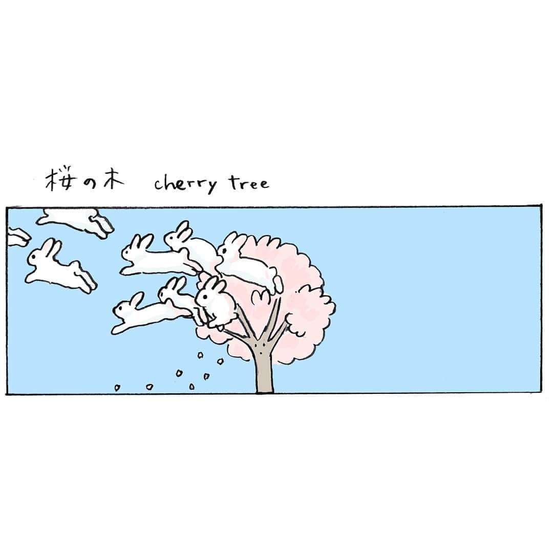 森山標子(しなこ)/Schinakoのインスタグラム：「Bunny clouds and a cherry tree🌸 うさぎ雲と桜の木🌸🐇☁  うさぎさんの愛しさをいろんな空想で表した4コマ本🐇☁️ 「うさぎ雲といっしょに」KADOKAWAから3/29に発売です📚 https://www.kadokawa.co.jp/product/322210000654/  Amazonでは特典付きです📱 https://amzn.asia/d/7ujJ6cg」