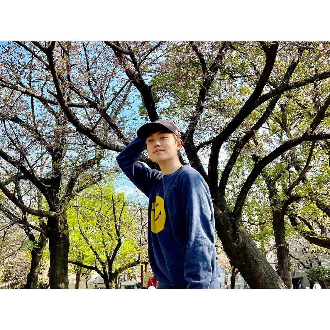 上村海成のインスタグラム：「桜をバッグに撮りました、満開の桜を想像で補完して見て頂きたく思います」