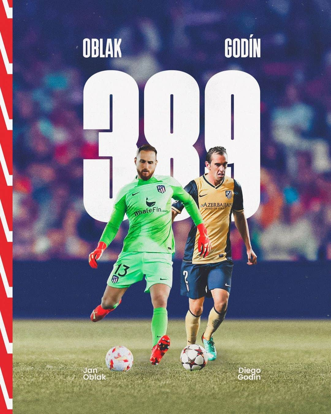 ヤン・オブラクのインスタグラム：「¡Jan Oblak iguala a Diego Godín! ❤️🤍  1⃣ Jugador extranjero con más encuentros 🔟Futbolista con más partidos en el club  ¡Enhorabuena, Jan! 👏」