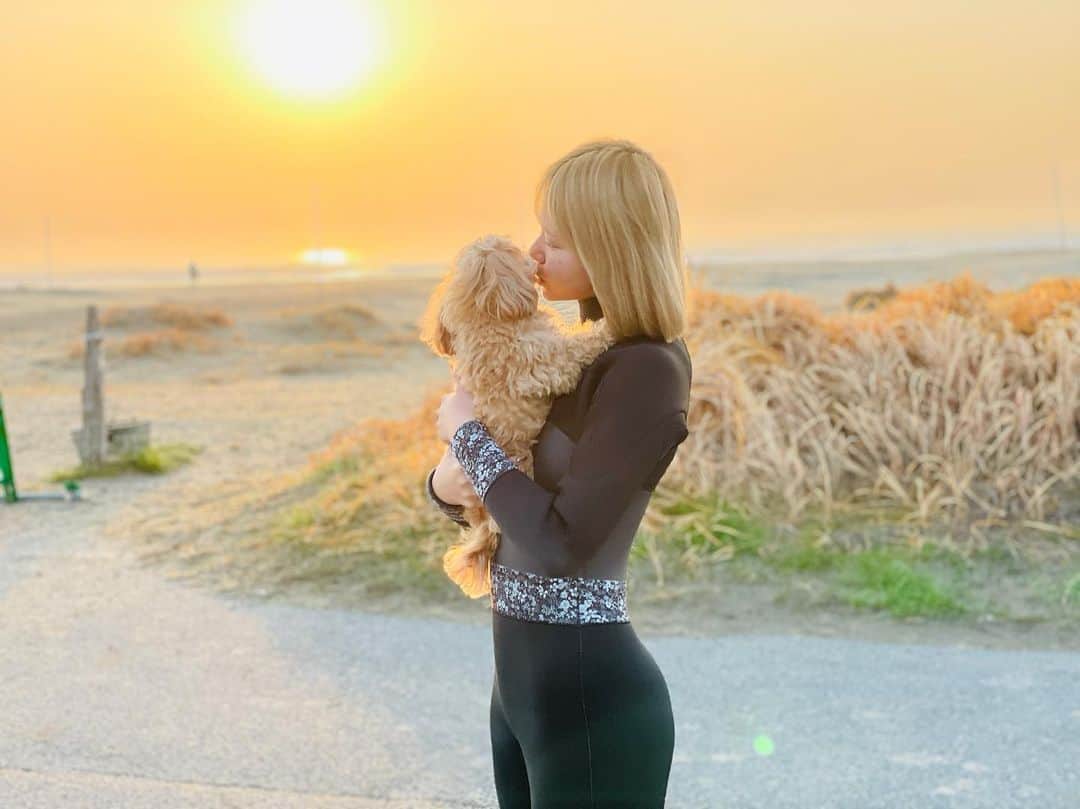 牧野広実のインスタグラム：「⑅◡̈*  　　　　　 幸せが詰まった1枚🐶☀️  　　　　　 　　　　 #surfing #surfgirl #サーフィン女子 #愛犬 #マルプー #mellowwetsuits」