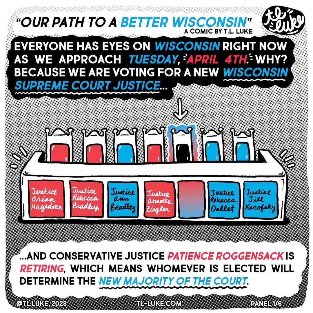 ジュリア・ルイス＝ドレイファスのインスタグラム：「🗳 Tuesday, April 4th is Voting Day in Wisconsin! And it’s IMPORTANT!   Please share this brilliantly-researched 6-panel comic by Madison-based artist @tl.luke -- and follow her too!   It's vital we spread the word to everyone we know in Wisconsin so they can learn about the importance of the Supreme Court race, why Judge Janet Protasiewicz is the best candidate, how the stakes are huge for abortion access and fair maps in Wisconsin,  and how to find voting information & polling locations on Election Day!   Please make your plan to vote on Tuesday for @janetforjustice (all the details you need are at MYVOTE.WI.GOV)  Also, did you know Wisconsin has same-day voter registration? Here’s how: 🗳 Head to your local polling location 🗳 Bring photo ID AND proof of residence 🗳 Vote!  Need assistance? Call the Voter Assistance Hotline at 608-336-3232.  And again, if you haven’t already, follow @tl.luke for inspiring comics & art that you don’t want to miss!  #judgejanet #Wisconsin #WISupremeCourt #SCOWIS」