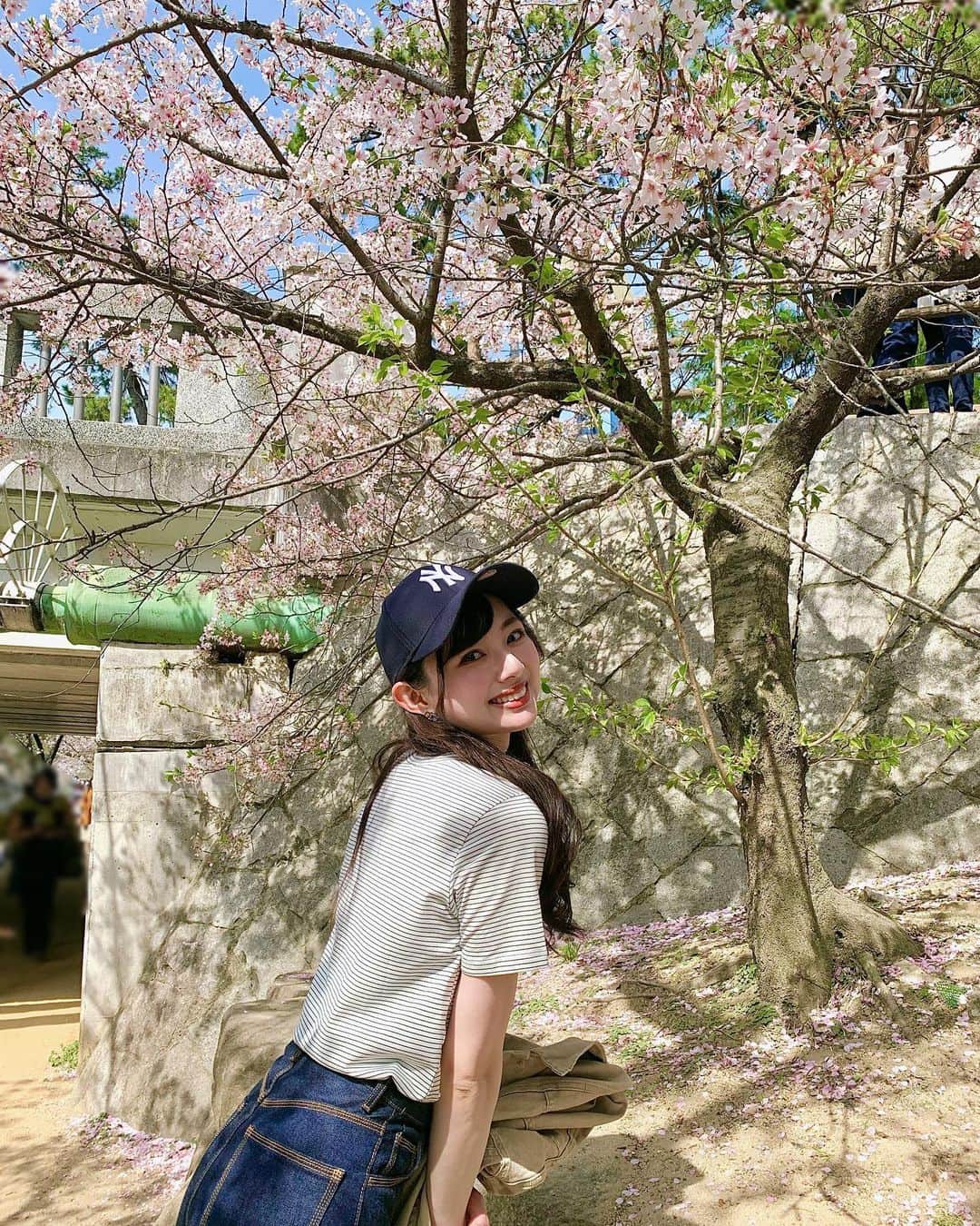 のインスタグラム：「滑り込み桜🌸 葉っぱが見えてるけど、見ないふり！！！ あったかくて、上着脱いで半袖で歩いてた〜」