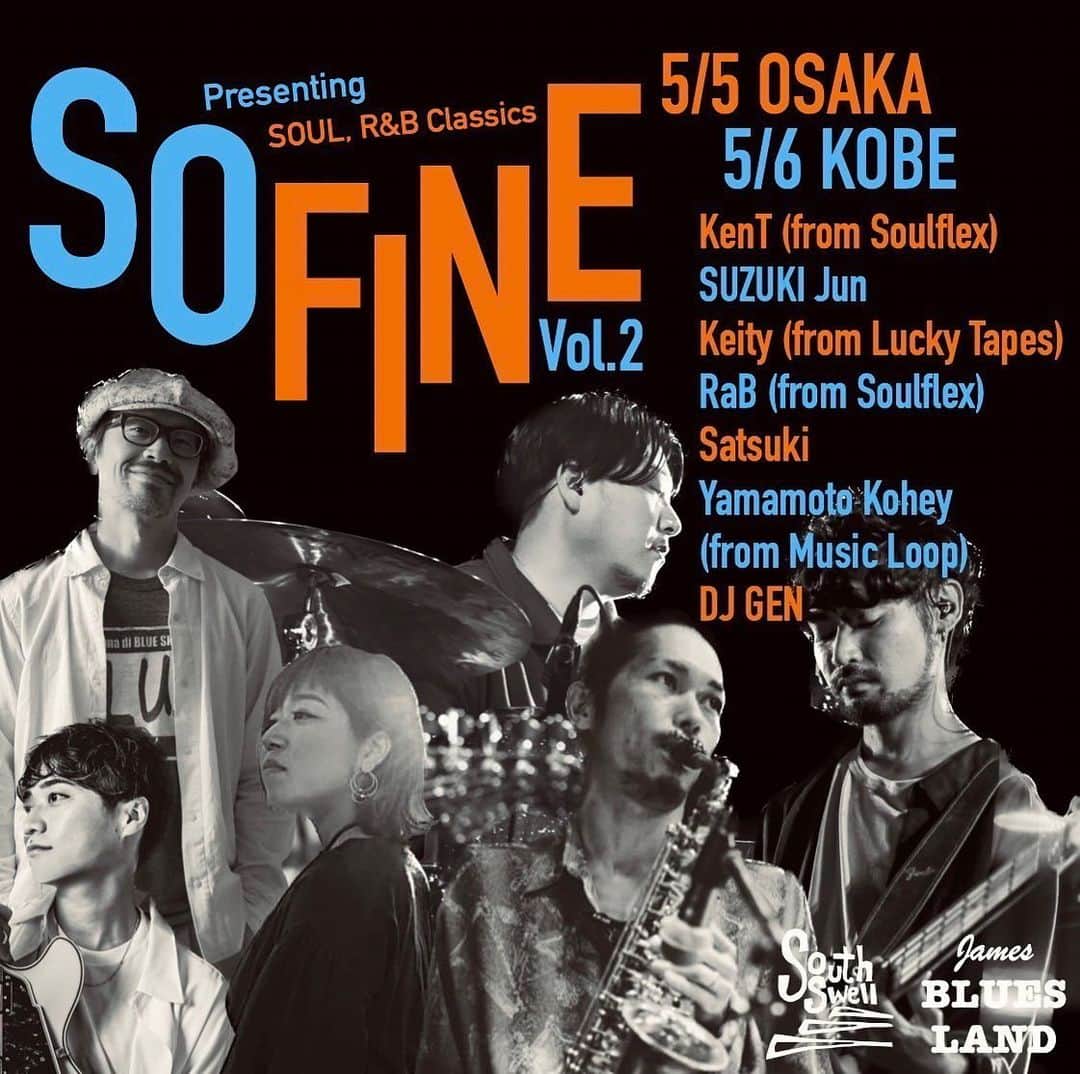 田口恵人さんのインスタグラム写真 - (田口恵人Instagram)「【New Session】  “So Fine Vol.2” presenting Soul, R&B classics  5/5 (Fri.) OSAKA Live at South Swell Cafe  5/6 (Sat.) KOBE Live at James Blues Land  Charge ¥3500 (With 1 drink) Open 19:00 Start 20:00 (2 shows)  RaB (from Soulflex) - Drum Keity (from Lucky Tapes) - Bass KenT (from Soulflex) - Sax SUZUKI Jun - Keyboard Satsuki - Vocal GEN (from PML) - DJ Yamamoto Kohey (from Music Loop)- Guitar ※5/6のみ出演  東京からまたもやLucky Tapesのベーシスト Keityが大阪に遊びに来てくれるということで、So Fine Vol.2開催決定！ 前回に引き続きSoulflexからKenTとRaB、DJ GEN from PURE MOOD LABELの布陣は変わらずですが、Neighbors Complain 木村音登氏は今回は不参加となりました￼。 Vol.2は、キーボードに鈴木潤氏、ボーカルに関西のダークホースディーヴァSatsukiを迎えて、大阪と神戸の二場所開催です！ 神戸場所はギタリストYamamoto Koheyも参加で、初日とは違ったサウンドに！ 自分たちに大きな影響を与えてくれたSOULやR&Bの素晴らしい楽曲を、一夜限りのセッションでお届けいたします！ Don’t miss it￼🔥  ＜ご予約＞ sscafe.ticket@gmail.com ・件名（「SO FINE 予約」） ※大阪・神戸いずれかを明記してください ・お名前（カタカナフルネーム） ・ご人数（一緒に来られる方同士の重複予約にご注意） 上記を明記いただき、ご送信ください。 こちらからのお返事で、ご予約完了となります。 自動返信ではございませんので、少しお時間いただきます。  前回Soldoutだったイベント「SO FINE」復活‼︎ 今回は大阪、神戸の2Daysでお届けします‼︎  前回同様楽しい夜になると良いな 皆さんのお越しをお待ちしてます👍」4月2日 23時29分 - keitytaguchi