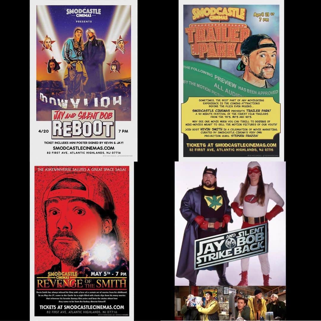 ケヴィン・スミスのインスタグラム：「COMING SOON to @smodcastlecinemas!  4/20 is @jayandsilentbob REBOOT! Comes with a mini-poster signed by me and @jaymewes!  4/21 is TRAILER PARK! 90 minutes of classic trailers from the 70’s, 80’s, & 90’s!  5/5 is REVENGE OF THE SMITH! Watch all the @starwars scenes from my flicks and hear the stories about why I wrote ‘em!  5/6 is @jayandsilentbob STRIKE BACK, with me & @jaymewes! Comes with signed vintage photo!  Get your tickets now at SmodcastleCinemas dot com!  It’s all coming soon to  Smodcastle Cinemas -  Where the Movies Come to Play!  (Awesome Art by @thedarknatereturns!)  #KevinSmith #smodcastlecinemas」