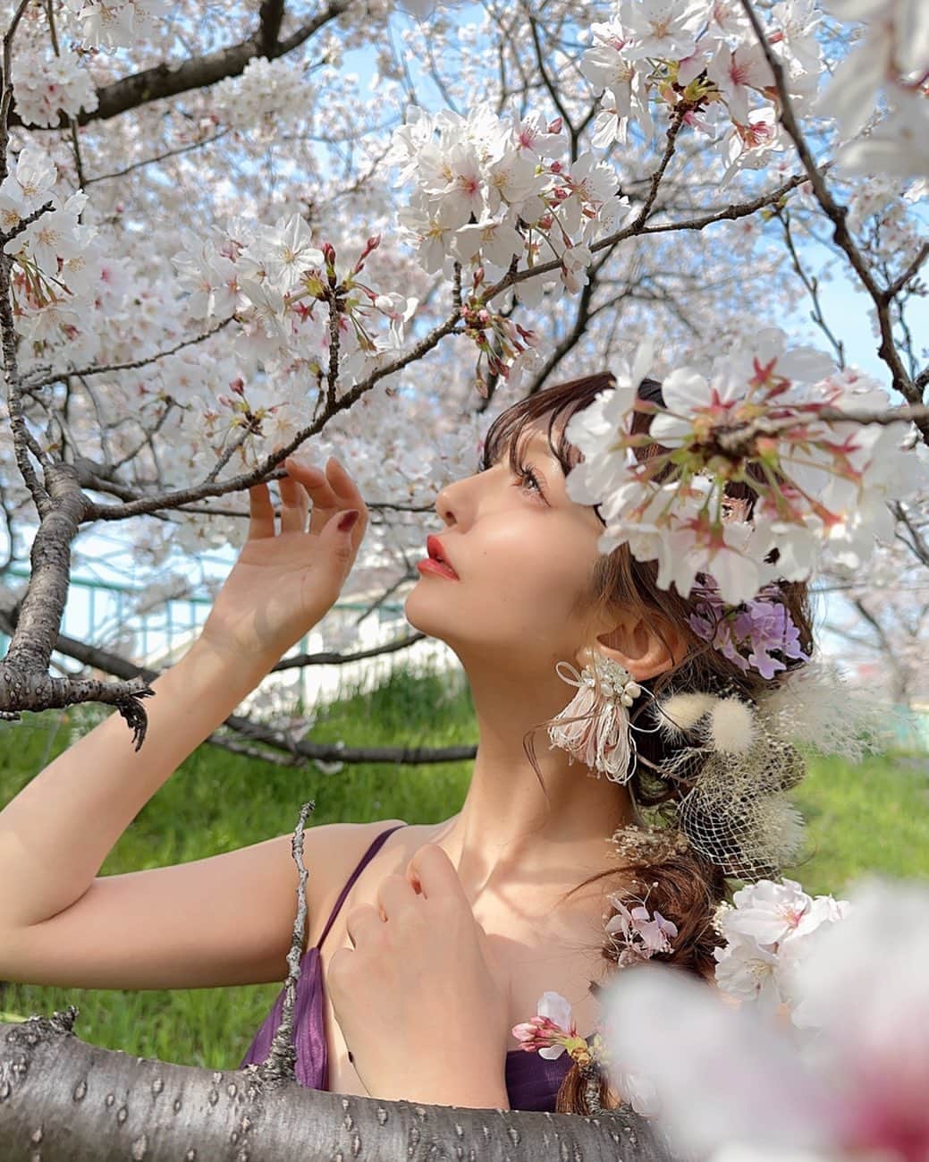 堀井大輔のインスタグラム：「・ ・ 🌸×👗 ・ model @yunappleee  ・ いつもありがとう❤️ ・ #桜 #桜撮影 #花見 #ホリーマジック #ホリージョ撮影 #エモージョ #ホリージョ #クラウンヘアー #天白区 #名古屋 #ヘアセット#セット#ヘアアレンジ #プレ花嫁 #作品撮り #ウェディングドレス #結婚式コーデ #結婚式ヘアアレンジ #結婚式お呼ばれ #全国のプレ花嫁さんと繋がりたい #フォトブース #コテ巻き  #DRESSY花嫁 #ゼクシィ2023 #アップスタイル #おだんご #編みおろし #プラコレ ￼ 	◦」