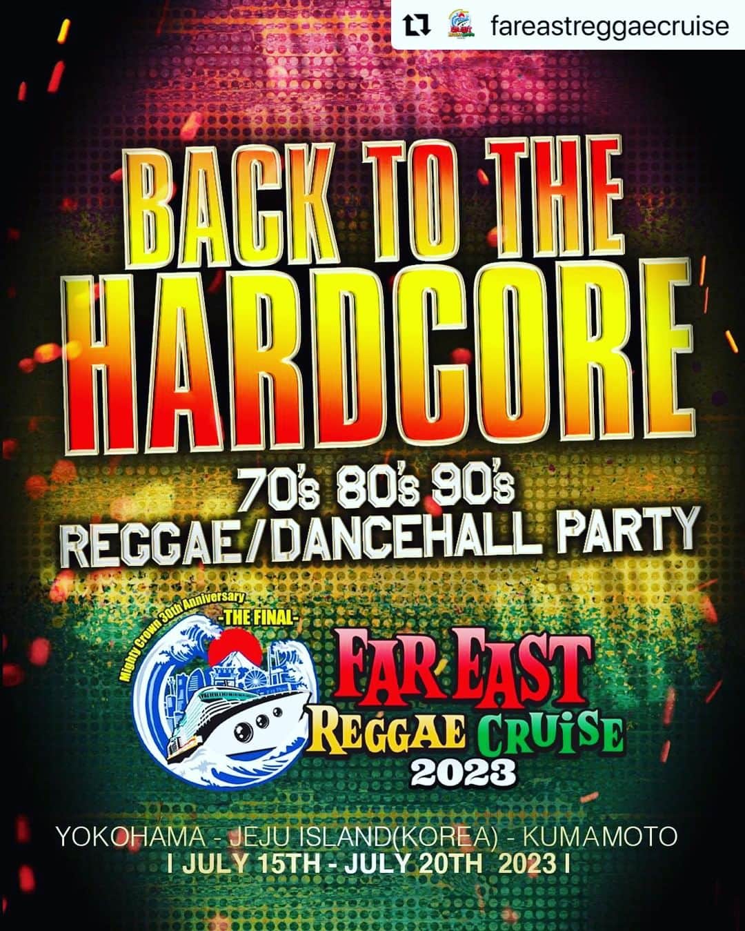 mastasimonのインスタグラム：「Street Dance @fareastreggaecruise  70’s-90’s Selection !  Some Real Reggae & Dancehall Music  ・・・ ＼船内でBACK TO THE HARD CORE🔥／  アーティストショーの後は明け方までサウンド、DJ陣によるクラブイベントが毎晩開催予定！@fareastreggaecruise の船内で開催するパーティー第一弾を発表🔈  クラウンが主催する人気イベント BACK TO THE HARDCOREが船上でも開催！  - @mightycrown @mastasimon @samicrown_lens @cojiecrown @rorystonelove @redspider_jr @badgyalmarie @deejaypuffy @captain_c20xx @fujiyamasound @pikkal @ogajahworks @emperorsound_jp #mightycrown #fareastreggaecruise #cruise #船旅 #クルーズ #クルーズ船 #クルーズ旅行#mscbellissima」