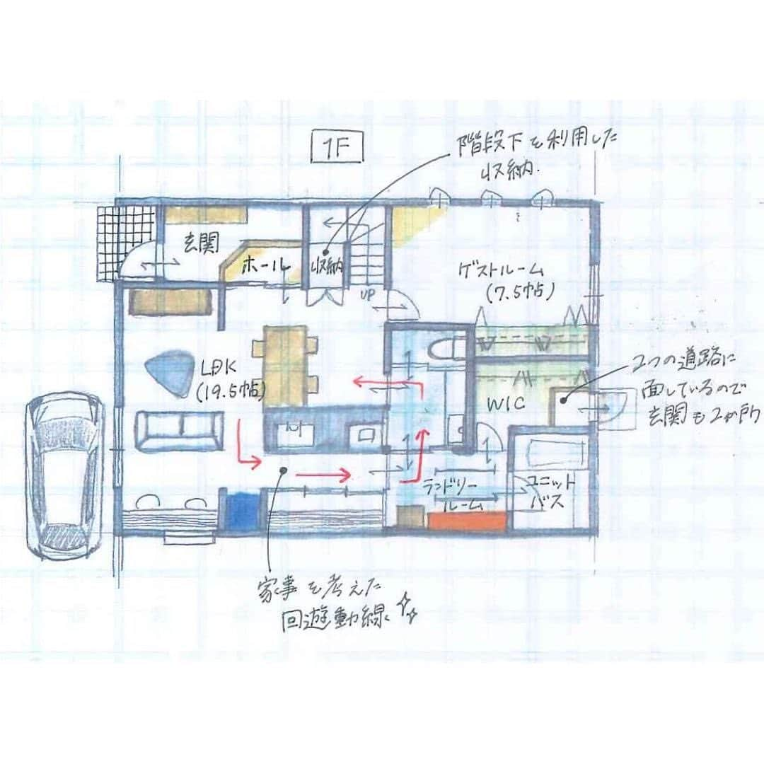 リバティホームさんのインスタグラム写真 - (リバティホームInstagram)「. ＊プラン紹介①＊ 建築面積 : 74.52㎡ (22.54坪) 延床面積 : 144.08㎡ (43.58坪) 2階建て、5LDK . 家事のしやすさを考えた回遊動線で、家中くるくる回れます。 将来のことを考慮して、可変性のあるプランをご提案しました。 . 「この配置いいな！」 「この希望は取り入れたい！」 等々、みなさまの家づくりのご参考になれば嬉しいです。 . モデルハウス公開中🏠✨ 一般的な住宅街に、2つのモデルハウス(3階建て・2階建て)が建っています。 どんな家にしようか、イメージを膨らませてみませんか？ . #リバティホーム #注文住宅 #マイホーム #夢のマイホーム #家づくり #狭小住宅 #収納アイデア #木造住宅 #土地探しからの注文住宅 #プラン #間取り図 #2階建て #5LDK #回遊動線」4月3日 18時56分 - libertyhome_official