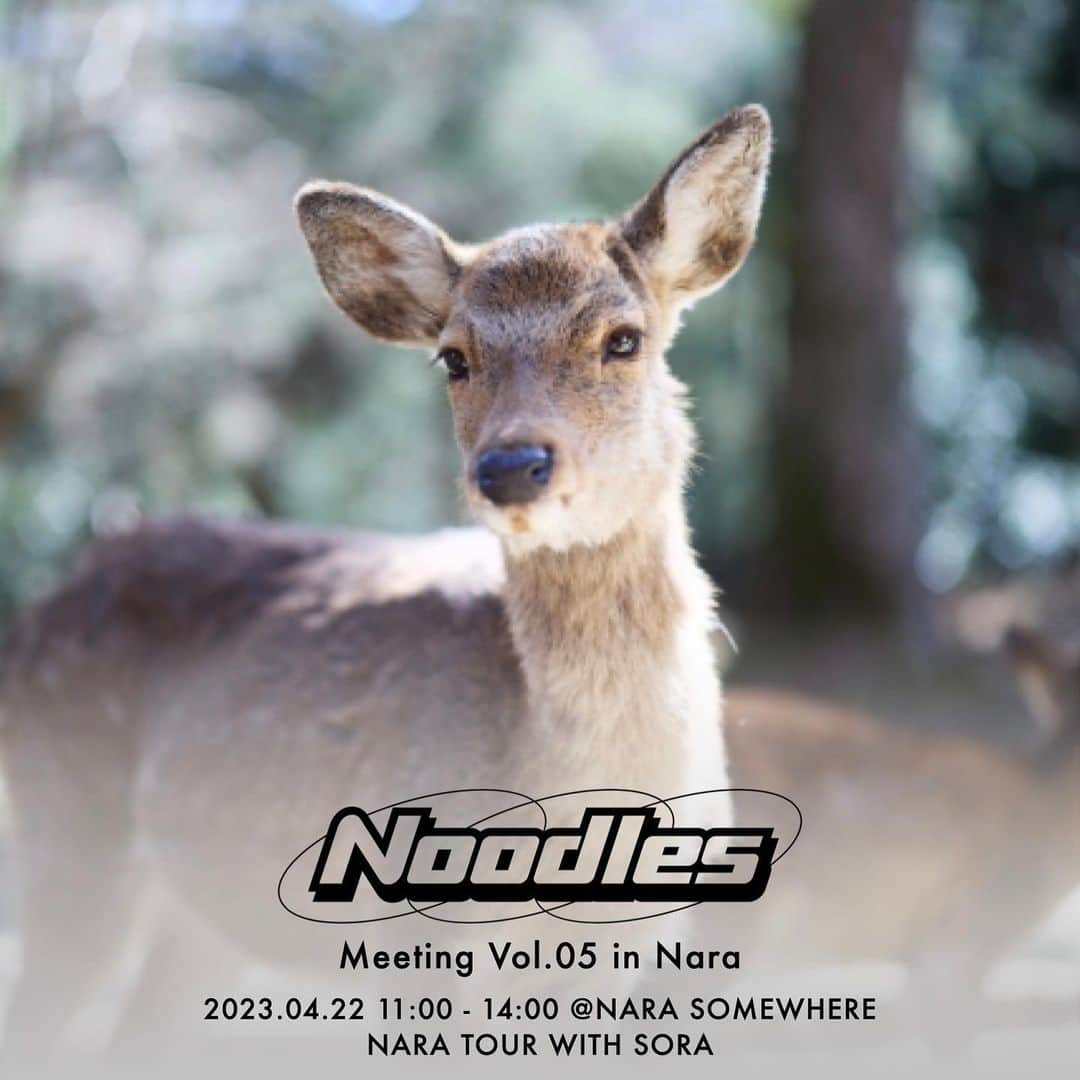 そらちぃのインスタグラム：「🍜NEXT EVENT🍜  2023年4月22日(土)に"Noodles Meeting Vol.05 in NARA"が開催決定！  今回は、Soraと奈良観光地のツアー！ 初めてや、お1人でのご参加でもお楽しみ頂ける内容を予定しております！  詳細や注意事項はチケットページをご覧下さいませ。 🎫 https://t.livepocket.jp/e/noodlesmt05 ※チケットリンクは4/6 0:00に更新されます。  「Noodles Meeting Vol.05 in NARA」 ▫︎内容 : NARA TOUR with Sora ▫︎日程 : 2023/4/22(土) ▫︎時間 : 11:00~14:00 ※ツアー詳細は参加者の方のみにご連絡させて頂きます。 ▫︎集合場所 : 奈良県某所 (参加者のみに連絡) ▫︎チケット : FOLLOWME有料会員 ¥12,000- / 一般 ¥13,000- (昼食/Soraと奈良での限定2SHOTチェキ) ※FOLLOWME 有料会員先行 4/5 0:00 ~ 4/5 23:59 | 一般 4/6 0:00~ ※限定枚数販売 ※FOLLOWME 有料会員先行で完売した場合、一般販売は御座いません。  【ご参加につきまして。】 本イベントのご参加に年齢制限等は御座いません。 途中退出は可能ですが、イベントの特性上途中参加は基本的にお断りしておりあます。    【その他注意事項につきまして。】 ※イベント中の録音・録画・盗撮は禁止です。 ※お時間に余裕を持って、ご参加下さいませ。 ※予告なく、一部内容を変更する場合が御座います。ご了承ください。 ※如何なる場合でもチケットのご返金は致し兼ねます。 ※本イベントでは、プレゼント・ファンレターなど、直接のプレゼントのお渡しは出来ません。 ※チケットの不正譲渡・不法転売は禁止いたします。 ※チケットはいかなる理由（紛失/破損/消失/破棄など）が御座いましても再発行は出来兼ねます。 ※イベント中止・延期の場合の旅費などの補償は致し兼ねます。 ※お客様同士のトラブル、盗難、怪我等に関しまして、主催者側は一切の責任を負いかねます。 ※お客様の危険行為により起こった事故、事件、負傷等について、主催者、会場、出演者は一切の責任を負いません。 ※注意事項・禁止事項、その他規定に反する行為で発生した事故については、主催者側は責任を負いかねます。 また、ルールをお守りいただけない場合や係員の指示に従っていただけない場合は、やむを得ず退場、もしくは公演中止となる場合があります。」