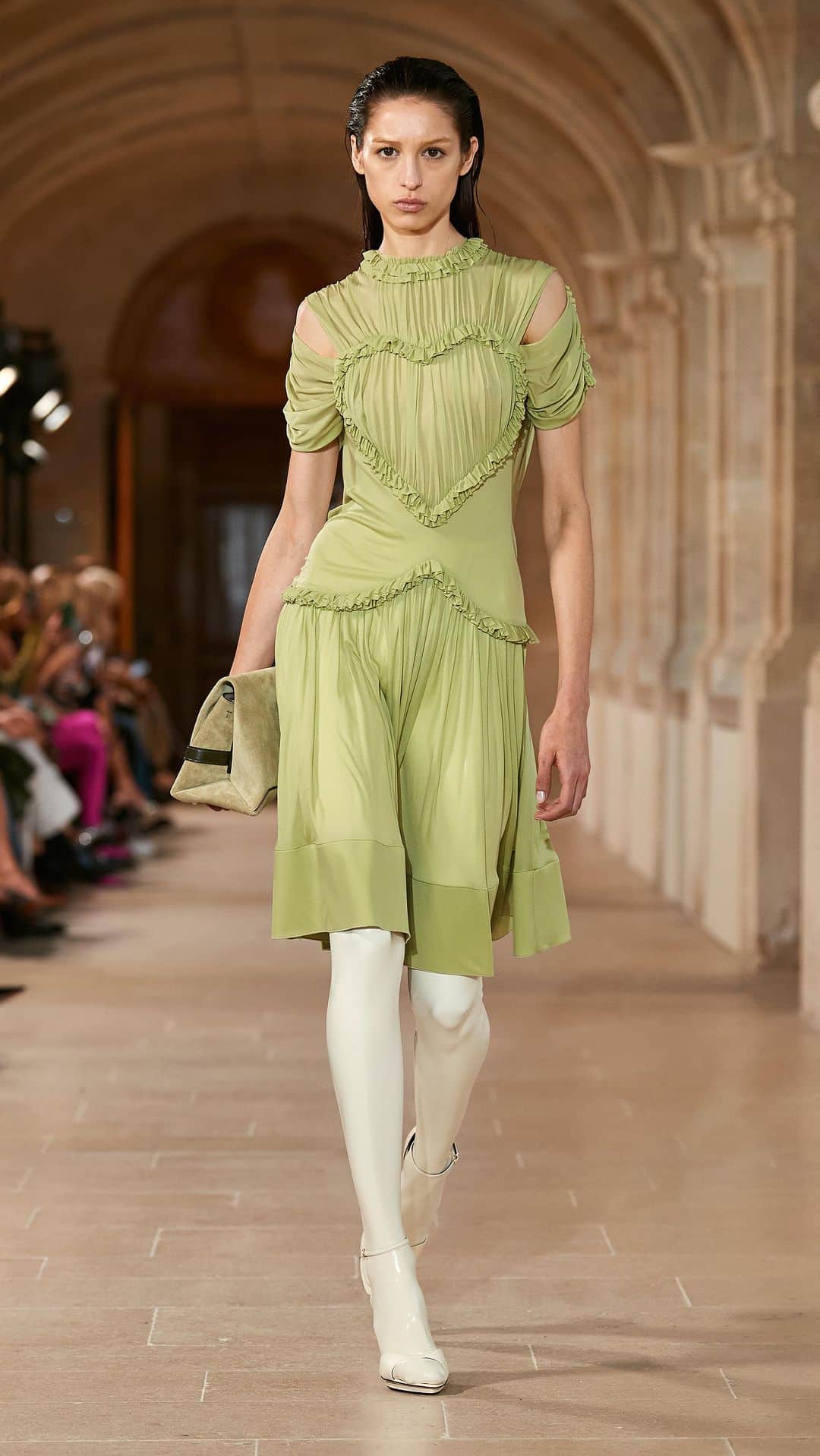 のインスタグラム：「Heartfelt intentions; fun and flirtatious, but with a signature Victoria Beckham polish.  Discover the #VBSS23 Gathered Heart Shaped Dress in pear green, available now, at VictoriaBeckham.com and 36 Dover Street.」