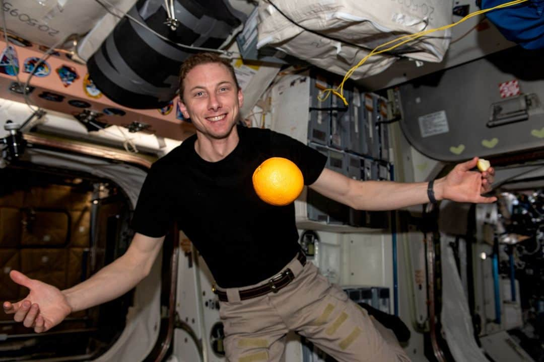 国際宇宙ステーションさんのインスタグラム写真 - (国際宇宙ステーションInstagram)「NASA astronaut Woody Hoburg shows off a fresh orange, recently delivered aboard the SpaceX Dragon resupply ship, flying in microgravity aboard the International Space Station.  #nasqa #astronaut #fresh #orange #spacex #cargo #dragon #cargodragon #international #space #station」4月4日 2時08分 - iss