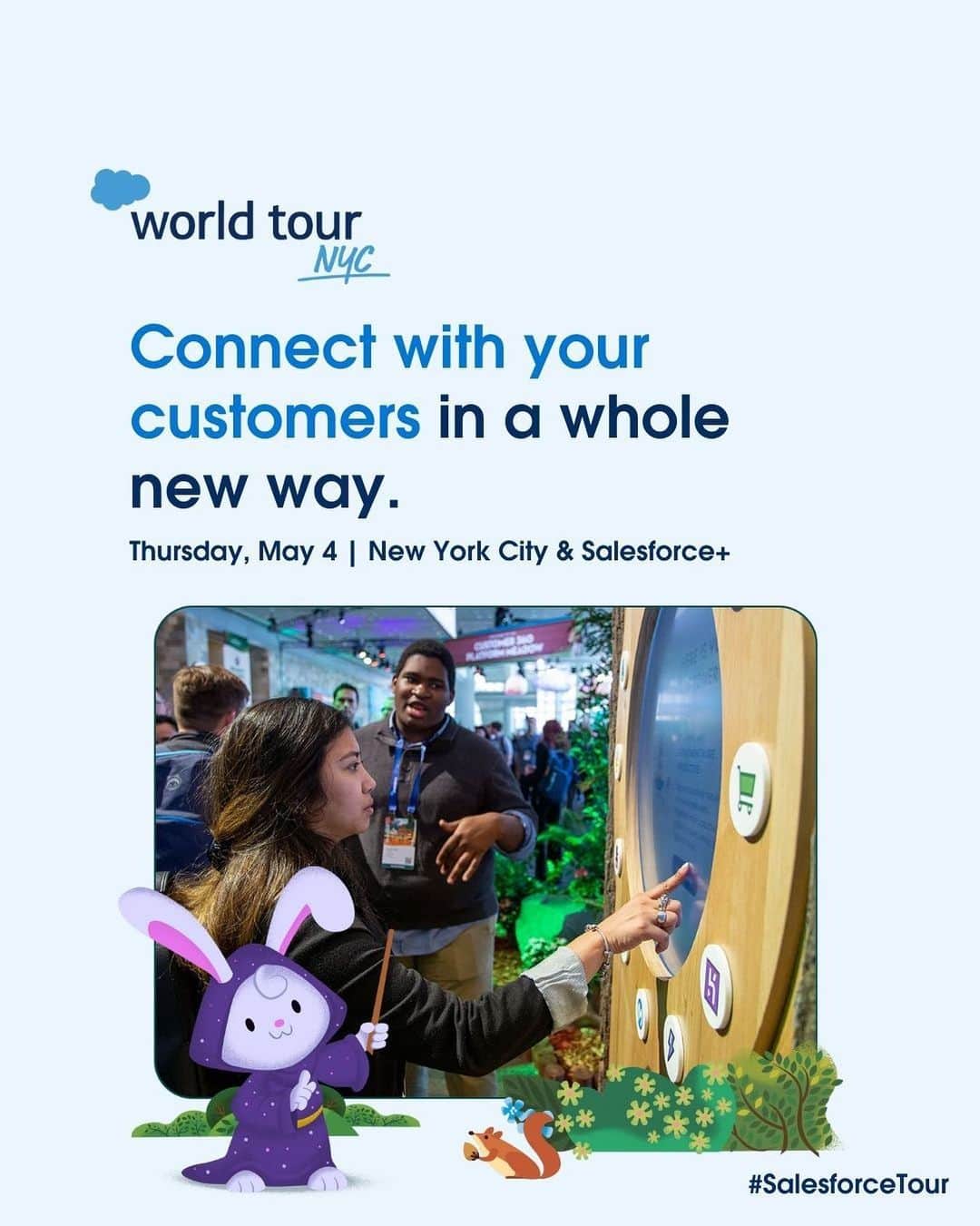 Salesforce のインスタグラム：「Join us at #SalesforceTour NYC for 150+ sessions and 40+ demos on accelerating your growth with 🧠 AI 📊 data ⚡️ and automation! Register for free at the link in bio.」