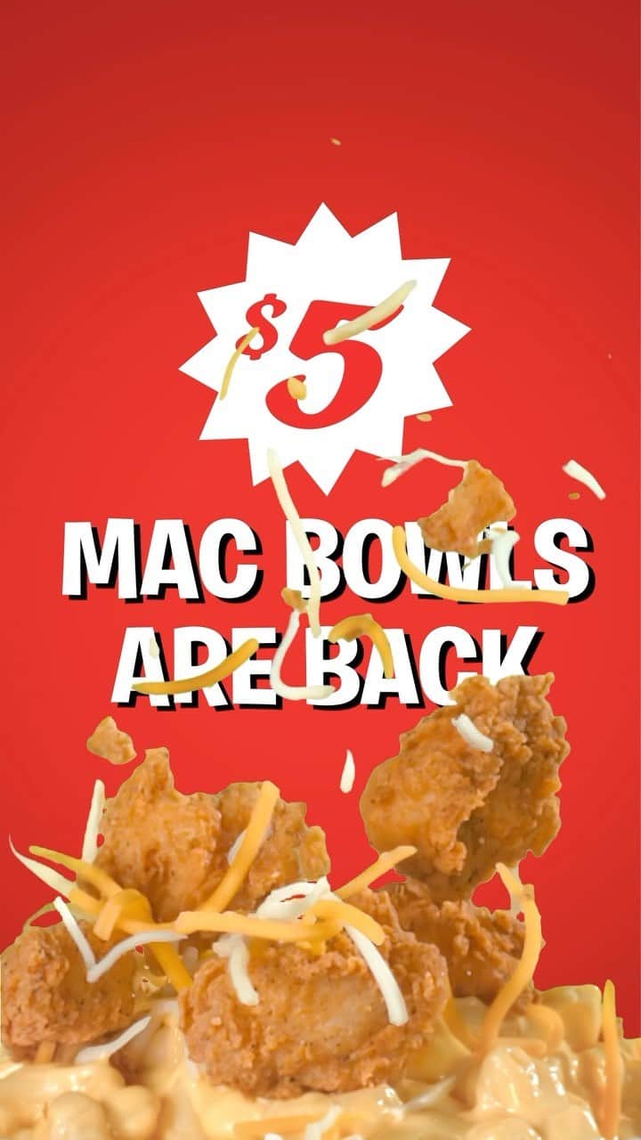 ケンタッキーフライドチキンのインスタグラム：「$5 Mac. Bowls. Are.. Back. Now with 100% white meat chicken nuggets.」
