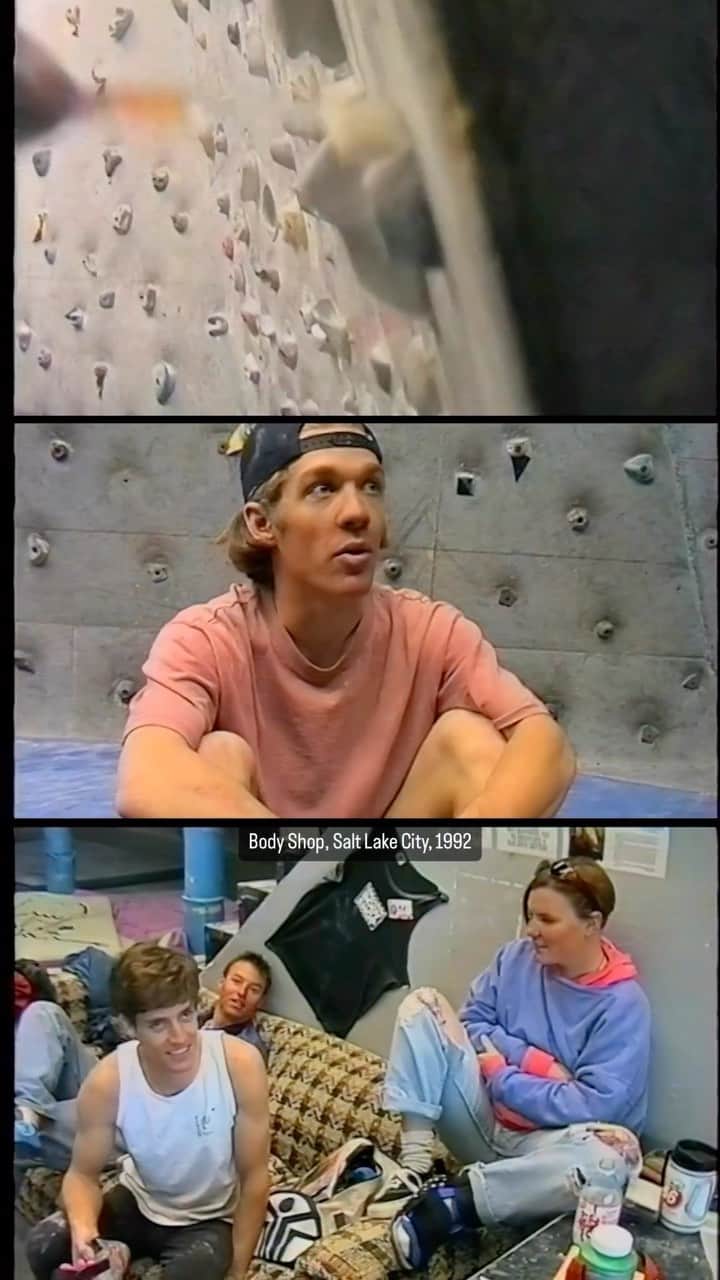 ウド・ノイマンのインスタグラム：「Mike Call talks about rock- vs plastic bouldering in Salt Lake’s legendary boulder gym Body Shop, 1992.  The Body Shop, now called The Front Climbing Club, was one of the first commercial bouldering gyms. Since 1989, it has helped ignite and foster a close-knit climbing community throughout Utah. Those were humble garage-style beginnings, established by a few friends who wanted a space to enjoy climbing together. At the time, they had no way of knowing what they had started. #bouldergym #historyofclimbing #bouldering #plasticbouldering #rockclimbing #climbingperformancecoaching #klettertraining #routesetting #performancerockclimbing」