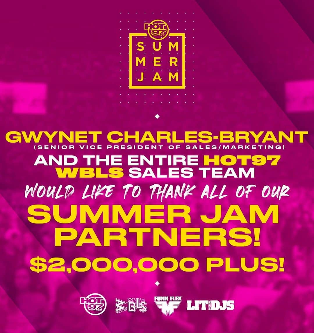 ファンクマスター・フレックスのインスタグラム：「DID YOU KNOW THAT THIS YEARS SUMMER JAM 2023 LINE UP IS INCREDIBLE? ( HEAVY HEAVY NEW YORK )  DID YOU KNOW WE ALWAYS PARTNER WITH THE BEST FOR OUR SUMMER JAMS?  APPLE MUSIC, PEPSI, CIROC, COKE, HEINEKEN, BEATS BY DRE, FORD, CHEVROLET, DODGE AND MANY MORE?  PARTNERSHIPS OPPORTUNITIES ARE COMING TO A CLOSE! (ALMOST SOLD OUT)   WAIT TILL U SEE OUR PARTNER LIST!🎥💨😂📸👌💣👀  DM @dat_radiochick_amplified X @funkflex   FUNKFLEX  CREATIVE PROGRAM DIRECTOR WBLS / HOT97  @pioferro @cyn.smith_ @btobes @rahlin13  @joekenavan @dliv1 @iammillag @ptm_dualita @whatthelauf @dat_radiochick_amplified @soy.juju @theradiolady @glee68」