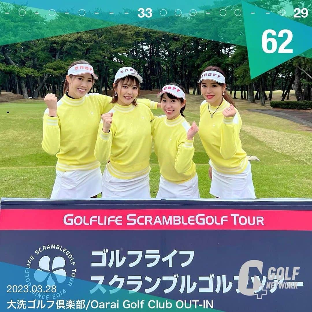 あやののインスタグラム：「#ゴルフライフスクランブルゴルフツアー  @golflife_sgt   大洗ゴルフクラブで行われた決勝戦⛳️  なんと⁉️  【ぎゃるず】スコア62準優勝🥈しました😍！  前半はうちらのペースが掴めず33でおりかえし。 後半はみんなで雰囲気作りができる6番までで5アンダー😍 残り３ホール7番8番パーでつなぎ 運命の最終ホールのセカンドで ななみがバーディパットにつけて みなみちゃんがまさかのイーグルインしてくれました😍 後半7アンダーでスコア62❣️  凄まじい追い上げで２位につくことができました♪  チーム戦たのしすぎて 帰り道でもう次の大会のエントリーをしていた私たち🥳 全国制覇するまで私たちの戦いは終わらない！！  @nana_golf  @sakuyako_golf  @minaaachin   @golflife_sgt  ゴルフライフの皆様 素敵な大会の運営、開催ありがとうございます✨  wear @junandrope  みんなでお揃いコーデ💛  #ゴルフライフ#スクランブルツアー#ゴルフ女子 #ゴルフウェア #競技ゴルファー #golf#golfwear#golflife」