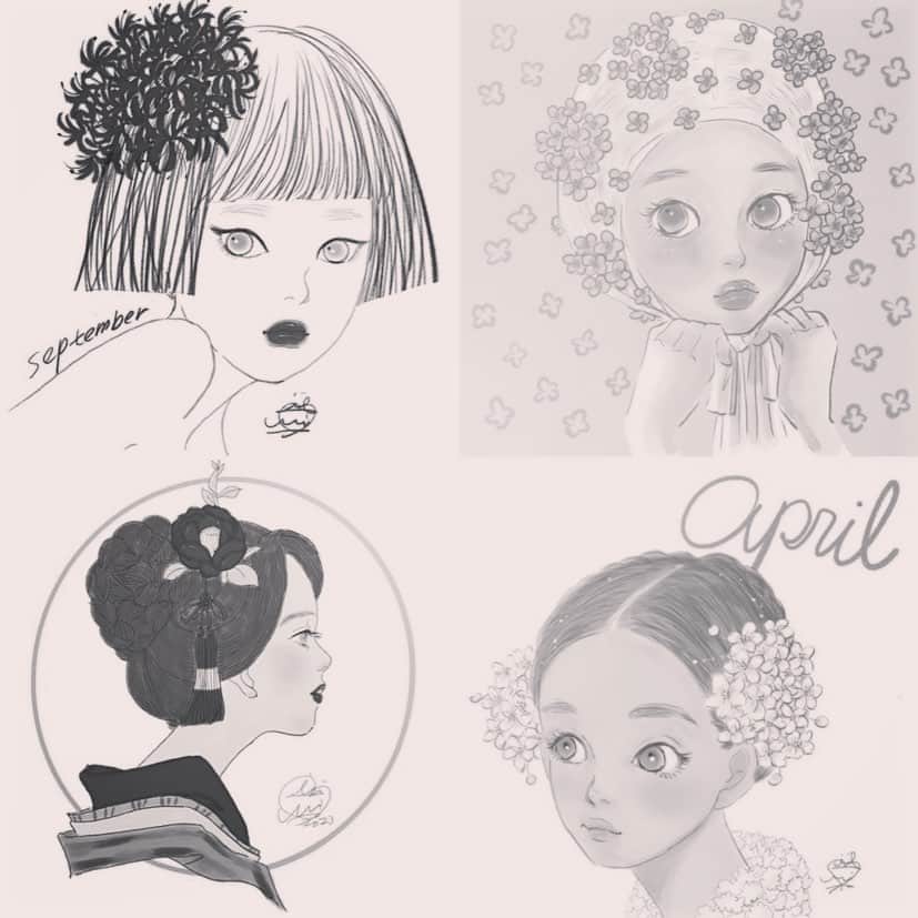 おおたうにさんのインスタグラム写真 - (おおたうにInstagram)「左から時計回りに 「長月ちゃん」 「弥生ちゃん」 「卯月ちゃん」 「如月さん」  その都度浮かんでくる女の子を楽しく描いておりました。 みんなお気に入りです☺️  #calendargirl2022 #カレンダーガール #fashionillustration #outauni #outaunismygirl #おおたうに」4月4日 12時14分 - outa_uni