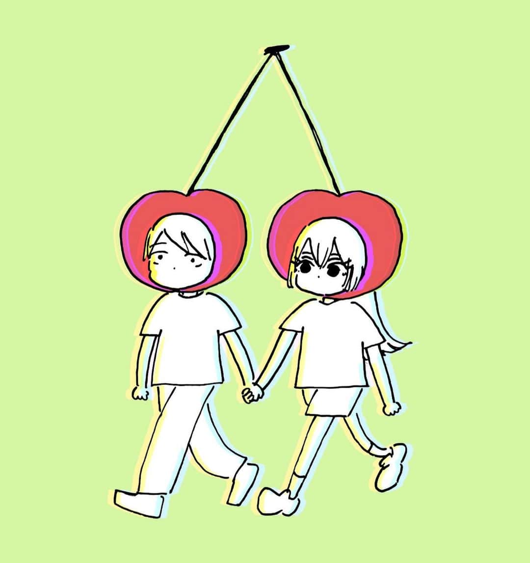 のインスタグラム：「🍒 桜の花びらを集めて丸めるとさくらんぼになると言われて一瞬信じたことがあります。   #イラスト  #さくらんぼ   #ミカコときょーちゃん」