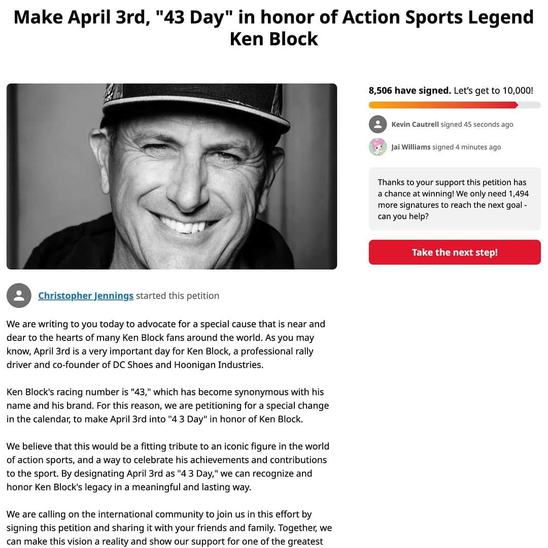 ケン・ブロックのインスタグラム：「Click the link in our bio to sign the petition & make 43 day official! Celebrate Ken with us every year!  #43Day #KB43VER」