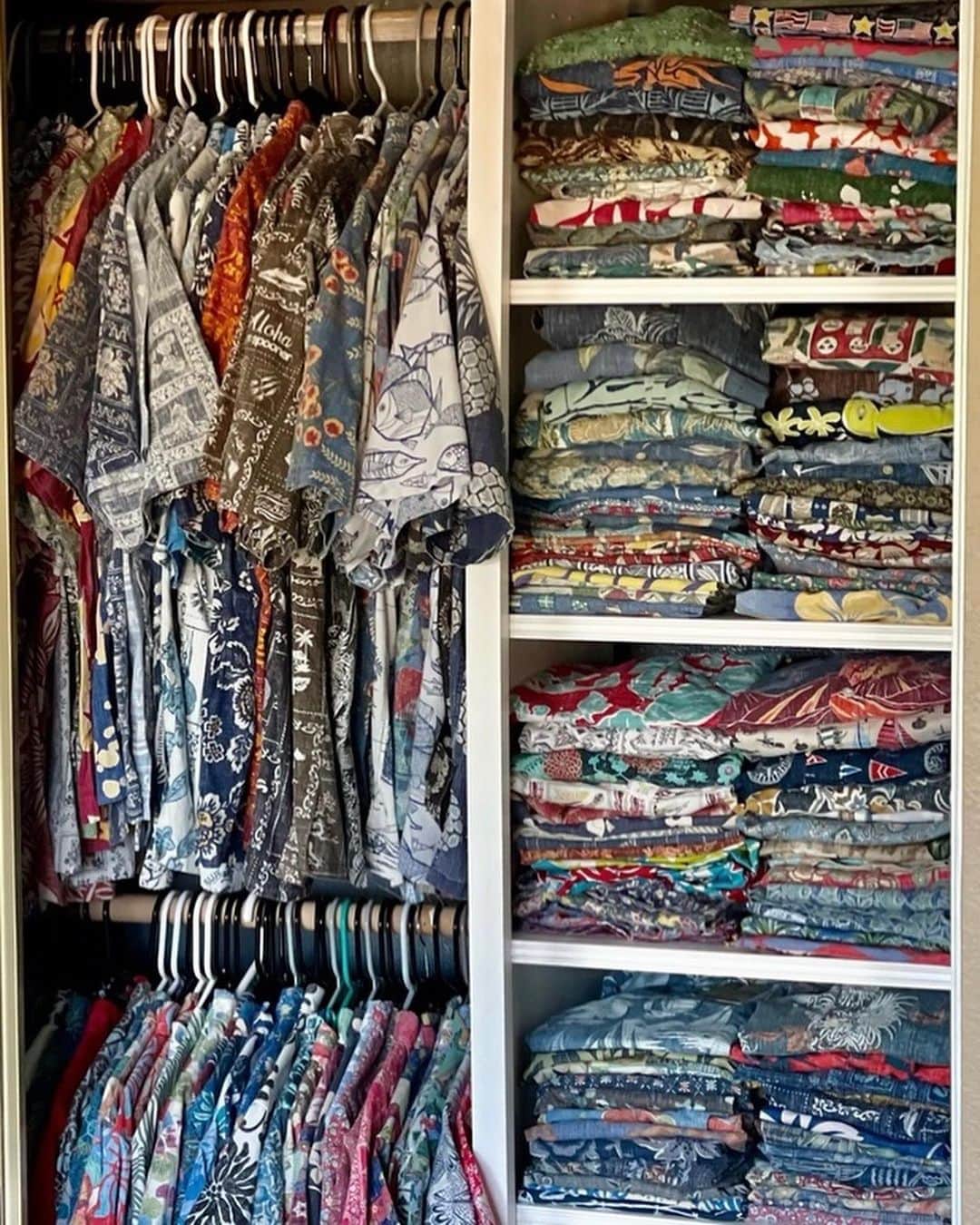 レインスプーナーのインスタグラム：「Stoked to share this amazing closet and Spooner collection of Ken H. from Anaheim Hills, Ca. Ken was first introduced to Spooners when he was 15 on a family vacation, and he bought his first shirt at the Kahala Hilton. Forty years later, Ken has over 1,000 Spooners – one of the largest and most impressive collections we’ve seen.  Ken still owns his first shirt, a Newport Sailor pullover which remains one of his favorite prints, along with our classic Lahaina Sailor and 50th State Flower designs. He also has a soft spot for vintage Eddy Y. prints that feature Woodys as a proud owner of one and a member of the SoCal Woody Club.  Swipe through our stories to see more images of Ken’s impressive collection.  Have a great collection of Spooners? We would love to see them. Submit them on our site for a chance to be featured on an upcoming Collector’s Closet Feature.」