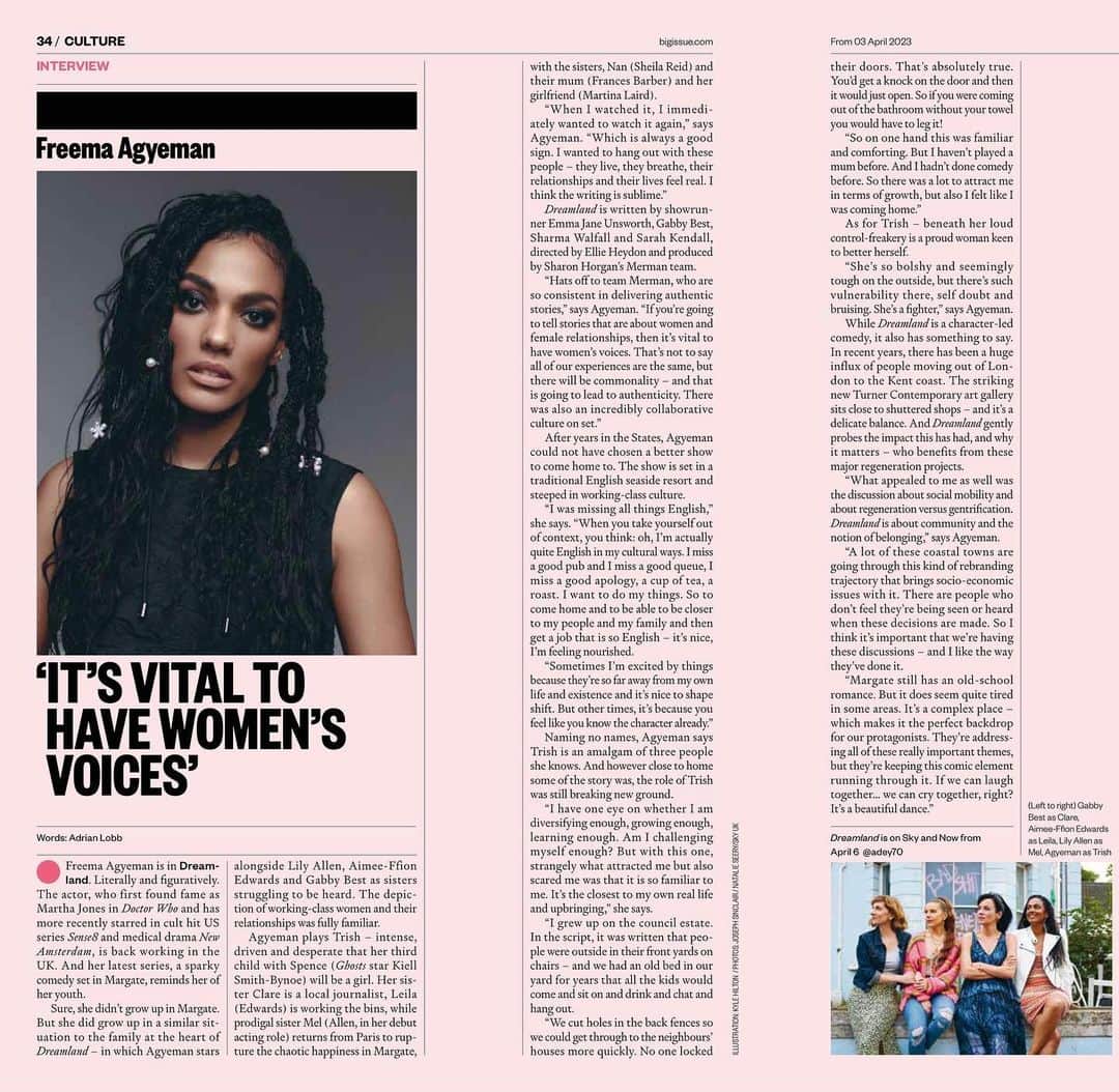 フリーマ・アジェマンのインスタグラム：「Some of you have correctly pointed out that I didn’t technically muse yesterday! 😉 So I’ll let my latest print rumination speak for me! LINK TO ARTICLE IN BIO unless you have 20/20 vision! 😝 Thank you @bigissueuk for having me! And Adrian Lobb it was an absolute pleasure speaking with you! Thank you for your kind manner and thoughtful journalism!   #Dreamland #outonThursday #6April @skytv @nowtv #thebigissue #mondaymusing  • • •」