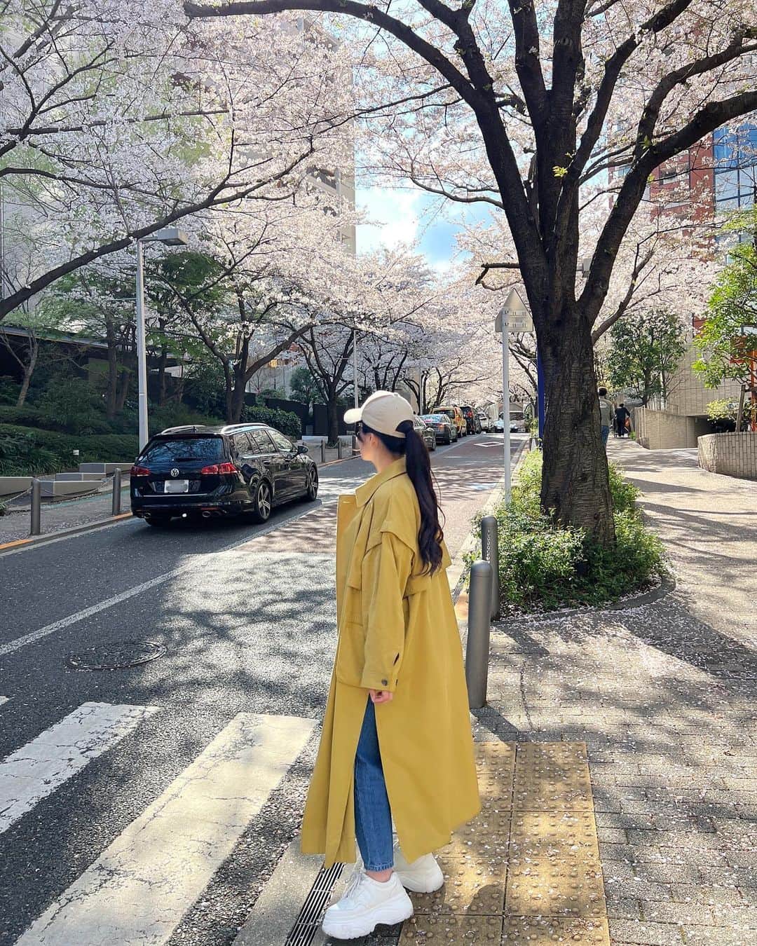 ちとせよしののインスタグラム：「桜が満開だった日の🌸 もう東京はだいぶ葉桜ですな~(°▽°) みんなはお花見とかしましたか？☺️  #pinue #お花見 #カラーコート #春コーデ #さくら坂」