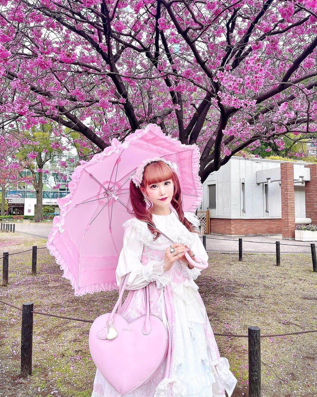 雨宮真梨子のインスタグラム：「⁡ ⁡ 横浜公園の桜を見に行ってきました👒🌸 ⁡ 濃いピンク色の八重桜💗 とっても綺麗だった〜🌸🎀 ⁡ この前 @babythessbofficial さんで お迎えしたピンク色のバードケージアンブレラが とっても可愛くて既にお気に入り🌂💞 ⁡ ⁡ ⁡ ⁡ ⁡ #横浜公園 #横浜観光 #横浜デート #山下公園 #公園コーデ #公園フォト #桜 #お花見 #桜スポット #お花見コーデ #お花見スポット #八重桜 #お花見日和 #お花見🌸 #ポートレート #桜ポートレート #映えスポット #ピンクコーデ #lolita #lolitafashion #lolitadress #lolitastyle #sweetlolita #babythestarsshinebright #ベイビーザスターズシャインブライト #lolitagirl #kawaiigirl #kawaiifashion #ロリータ #ロリータファッション」