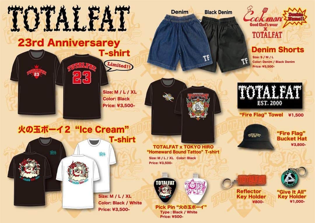 TOTALFATのインスタグラム：「4/6より新作GOODS販売します！  ●23周年記念Tシャツ ●火の玉ボーイ2 Tシャツ ● @cookman.jp とのダブルネームハーフパンツ ● TOTALFATオリジナルピックピン　@picpin_jp」