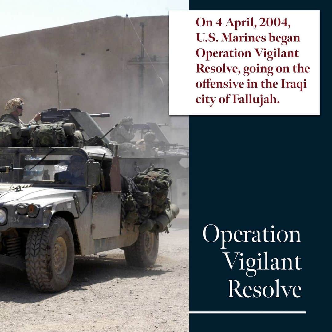 アメリカ海兵隊さんのインスタグラム写真 - (アメリカ海兵隊Instagram)「On March 31, 2004, armed insurgents killed four American civilian security contractors who were driving through the city of Fallujah, Iraq. Within hours of the attack, images of the Americans’ desecrated bodies – burned, and hung from a bridge – were broadcast around the globe.   When the horrific killings occurred, Marines were finalizing their turnover with @usarmy units in the area and had just assumed command of security operations. Marine leaders understood the severity of the attack and immediately condemned the brutal murders, but simultaneously recommended against an immediate offensive reaction. Then-Brig. Gen. John F. Kelly wrote “we must avoid the temptation to strike out in retribution.”   Despite initial calls for restraint, on April 3, 2004, the combined joint task force commander issued the order for Marines to go on the offensive in Fallujah, and on the next day Operation Vigilant Resolve began. On the night of April 4, 2004, Marines launched their assault on the city, and by sunrise the following morning, Fallujah was surrounded by U.S. Marines.   Throughout the next five days, Marines engaged in fierce urban combat with a level of intensity not seen since the Battle of Hue City. Although Marines successfully gained control of strategic areas within the city, cutoff insurgent withdrawal routes, and destroyed several key insurgent defensive positions, the Iraqi Governing Council grew concerned with the intensity of the urban combat happening in Fallujah. The U.S. announced it would institute a ceasefire in the city beginning at noon, April 9, 2004. Despite the ceasefire, insurgents continued to assault Marines throughout the following weeks.   On May 1, 2004, then-Lt. Gen. James Conway, the @i_mef_marines commanding general, announced he was turning over all remaining operations in Fallujah to the Iraqi Fallujah Brigade, and Marines would depart the city, ending Operation Vigilant Resolve. Six months later, Marines would once again find themselves back on the streets of Fallujah, engaged in violent house-to-house fighting – Operation Phantom Fury.  Click the link our bio to read the full article on our website.  #USMCHistory #SemperFidelis」4月4日 23時43分 - marines