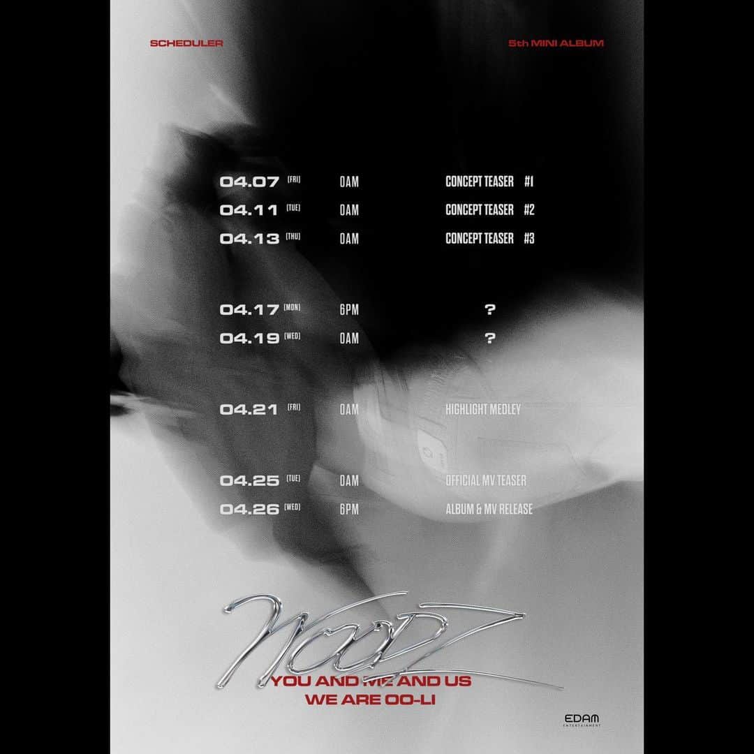 スンヨンのインスタグラム：「WOODZ [OO-LI] PROJECT  WOODZ 5th Mini Album [OO-LI] Comeback Promotion Scheduler  2023.04.26(Wed.) 6PM(KST)  #WOODZ #우즈  #WOODZ_5th_Mini_Album #OO_LI  #OO_LI_PROJECT #우리_프로젝트」