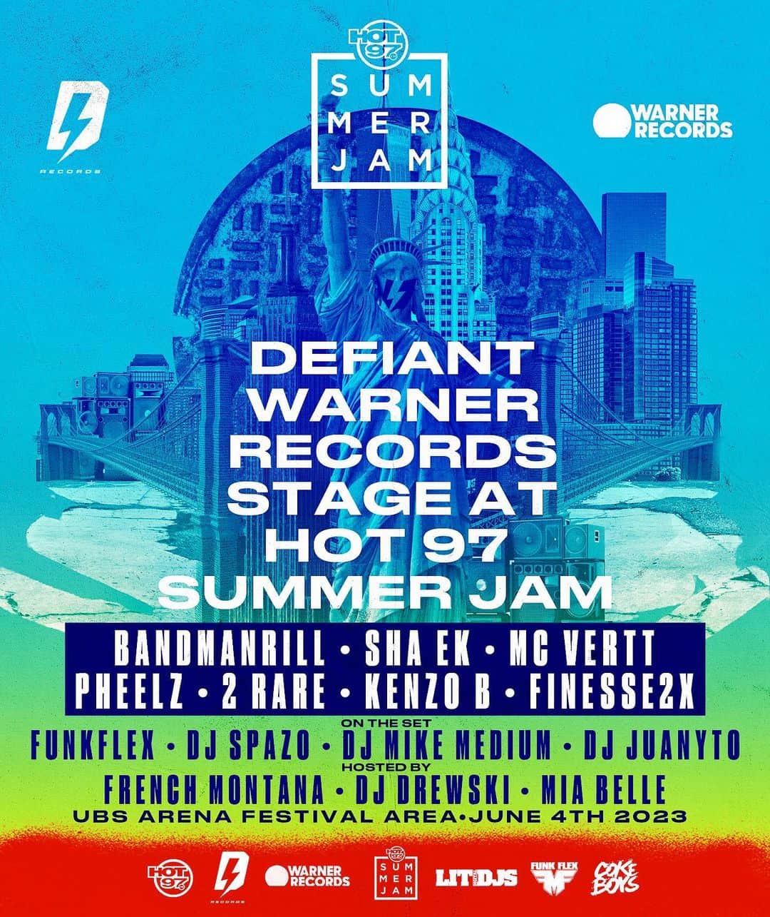 のインスタグラム：「ARE U READY FOR FESTIVAL ENERGY?  ITS THE @DEFIANTXRECORDS / @WARNERRECORDS STAGE AT SUMMER JAM! JUNE4TH!  @ubsarena festival area!  PERFORMING LIVE! @bandmanrill @sha_everythingk @mcvertt @pheelzgood @2raree @__kenzob  HOSTED! @frenchmontana @sodrewski @miabellenyc   DJS! @funkflex @djspazo @djjuanyto @djmikemedium   @ronstew @stevecarless @dat_radiochick_amplified @pioferro」