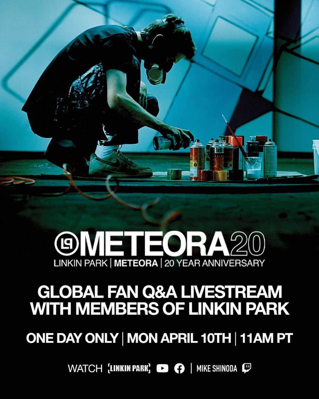 リンキン・パークのインスタグラム：「We are celebrating the release of Meteora|20 with a Global Fan Q&A livestream. Submit your questions via video and tune in on April 10th at 11am PT (link in our bio)」