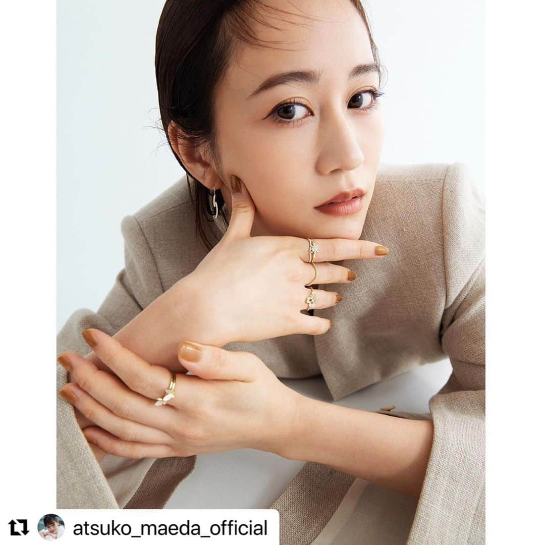 のインスタグラム：「@spurmagazine  @atsuko_maeda_official  さんの メイク担当させて頂きました。  いつもよりちょっぴり大人っぽい のが新鮮です✨ 何でも似合ってしまいますよね👏  是非チェックして見てください。  #高橋里帆メイク #前田敦子　さん #ジュエリー #新鮮#大人っぽい  #Repost @atsuko_maeda_official with @use.repost ・・・ . SPUR×AHKAH  model: Atsuko Maeda photography: Kenshi Takagi〈SIGNO〉 styling: Aya Yamanaka hair: Hori〈BE NATURAL〉 make-up: Riho Takahashi〈HappyStar〉 movie: Tatsushi Ko〈ZONA〉 text: Momoko Yokomizo edit: Anna Togashi  ✨✨」