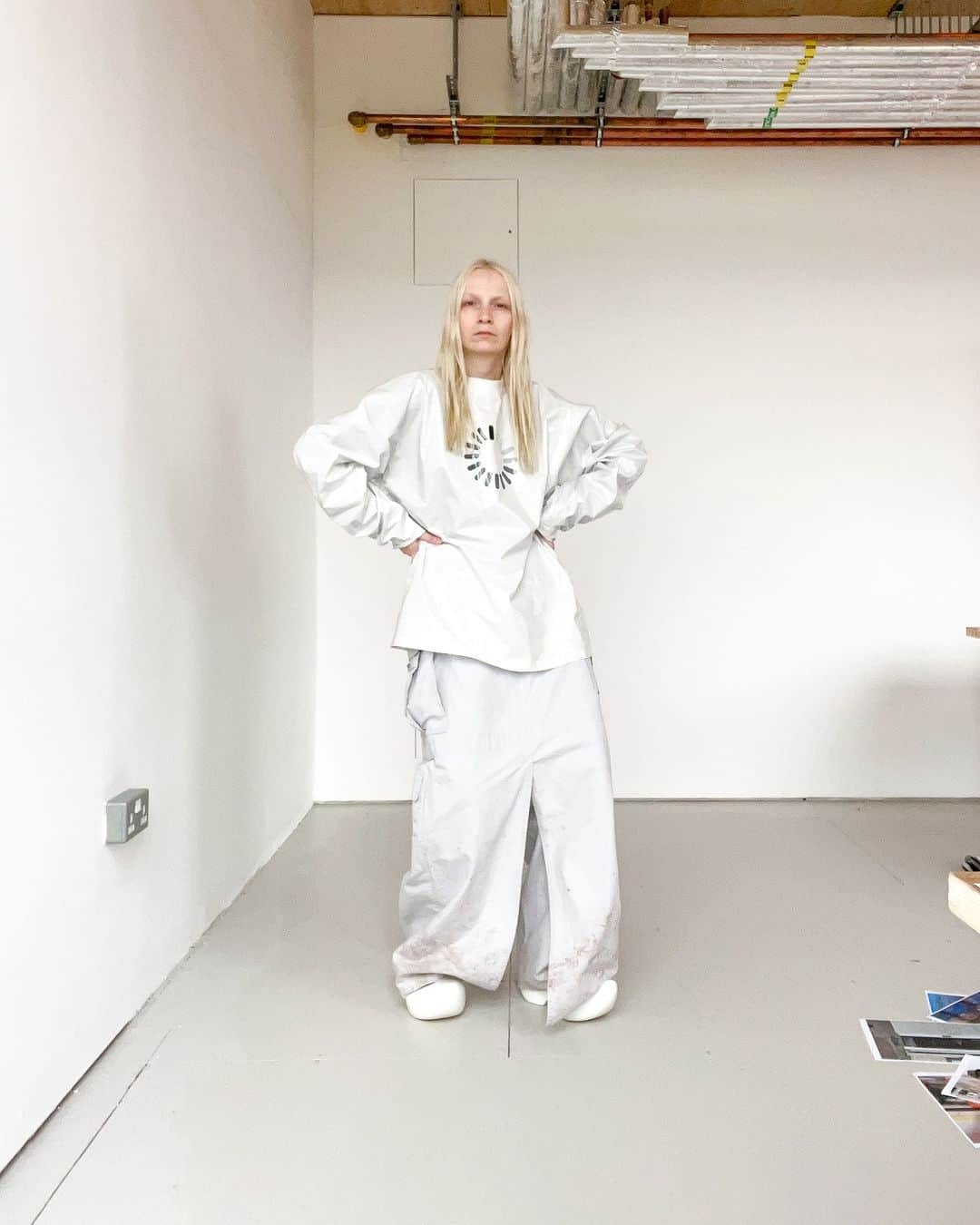 のインスタグラム：「Summer 23 Misplaced Neckline T-Shirt, Apron Cargo Pants Skirt, and Technoclog  Available in stores and on balenciaga.com」