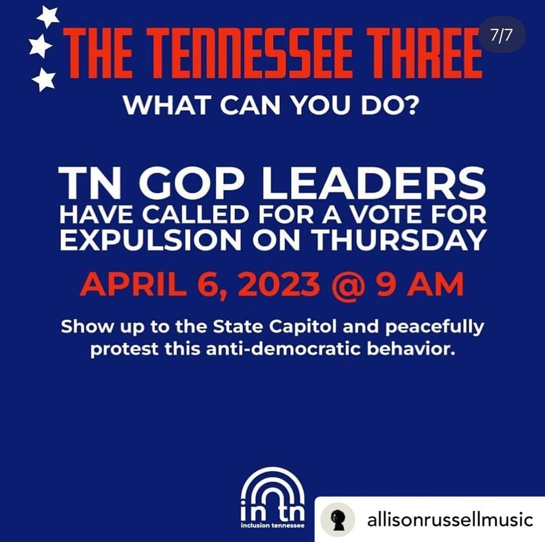 レイチェル・レフィブレさんのインスタグラム写真 - (レイチェル・レフィブレInstagram)「I took my 6 year old to the capitol to protest gun laws because our government doesn’t care what I want but maybe they care about my kid? They keep saying they do…but it was never about our kids. In response to the shooting of three 9 year olds, what action are they taking? Voting to expel three members because they joined out protest to call out inaction when they saw it. The #GOP cares more about “getting” democrats than protecting our kids. Don’t EVER let them say otherwise, I’m watching it happen in real time. See you at the capitol 👊🏻👊🏻👊🏻 Thank you @inclusiontn for these graphics and thank you @allisonrussellmusic for reposting & for using your voice every chance you get in the most courageous ways. Swipe for next steps to fight #legislativeterrorism & #fascism in #Tennessee   Posted @withregram • @allisonrussellmusic  We stand with you @brotherjones_ @repgloriajohnson & @justinjpearson  #TN3 thank you for representing the MAJORITY of Tennesseans, our children & our students who want ACTION to reduce #GunViolence Now:  #guncontrol #BanAssaultWeapons  #GunReformNow   We will all stand up for #thetn3 & their Constitutionally protected right to dissent & protest on behalf of their constituents. This attempted expulsion & silencing is in contempt of all of us & of both the Constitutions of Tennessee & The United States of America.   So important that all who are eligible #registertovote and #vote for our lives, human rights, civil liberties, freedom, inalienable Equality & Democracy.   What starts in Tennessee ends with you & me.  We never give up. We fight on in peaceful protest & resistance & at the ballot box. We, the people, have the power. The #rainbowcoalition cannot be stopped ✊🏾🖤🌈  Love & Determination x #allisonrussell   @marchforourlives @momsdemand @everytown @studentsdemand @inclusiontn @thetnholler @standupnashville @headcountorg @registertovotetn」4月5日 21時06分 - rachellelefevre