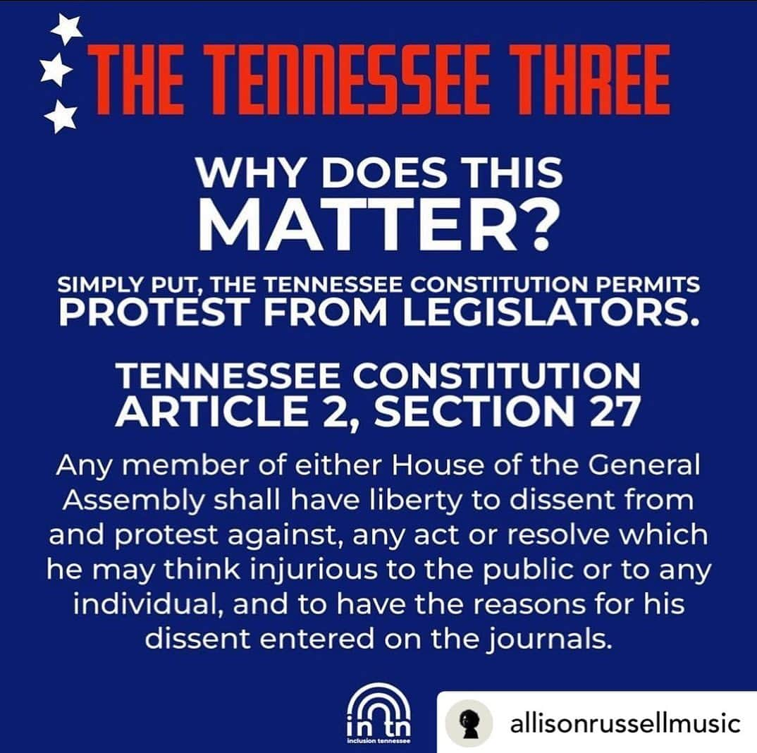 レイチェル・レフィブレさんのインスタグラム写真 - (レイチェル・レフィブレInstagram)「I took my 6 year old to the capitol to protest gun laws because our government doesn’t care what I want but maybe they care about my kid? They keep saying they do…but it was never about our kids. In response to the shooting of three 9 year olds, what action are they taking? Voting to expel three members because they joined out protest to call out inaction when they saw it. The #GOP cares more about “getting” democrats than protecting our kids. Don’t EVER let them say otherwise, I’m watching it happen in real time. See you at the capitol 👊🏻👊🏻👊🏻 Thank you @inclusiontn for these graphics and thank you @allisonrussellmusic for reposting & for using your voice every chance you get in the most courageous ways. Swipe for next steps to fight #legislativeterrorism & #fascism in #Tennessee   Posted @withregram • @allisonrussellmusic  We stand with you @brotherjones_ @repgloriajohnson & @justinjpearson  #TN3 thank you for representing the MAJORITY of Tennesseans, our children & our students who want ACTION to reduce #GunViolence Now:  #guncontrol #BanAssaultWeapons  #GunReformNow   We will all stand up for #thetn3 & their Constitutionally protected right to dissent & protest on behalf of their constituents. This attempted expulsion & silencing is in contempt of all of us & of both the Constitutions of Tennessee & The United States of America.   So important that all who are eligible #registertovote and #vote for our lives, human rights, civil liberties, freedom, inalienable Equality & Democracy.   What starts in Tennessee ends with you & me.  We never give up. We fight on in peaceful protest & resistance & at the ballot box. We, the people, have the power. The #rainbowcoalition cannot be stopped ✊🏾🖤🌈  Love & Determination x #allisonrussell   @marchforourlives @momsdemand @everytown @studentsdemand @inclusiontn @thetnholler @standupnashville @headcountorg @registertovotetn」4月5日 21時06分 - rachellelefevre