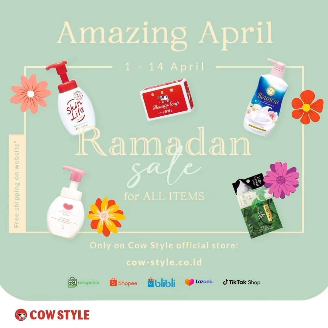 COWSTYLEIDのインスタグラム：「Promo Amazing April - Ramadan Sale ini wajib kamu save biar nggak kelupaan! Amazing gimana sih min? Amazing karena SEMUA PRODUK DISKON, plus FREE ongkir yaa di official website 🥳🥳  Yang puasa dijamin makin semangat, yang ngga puasa juga pasti happy!  Waktunya re-stock sabun #CowStyle favorite kamu Bestie 🥰 Cus click link di bio kita ya 🛒🛒🛒🛒  #cowstyleindonesia #cowstylebeauty #cumacowdihatiku #amazingapril #ramadansale #sabunpremium」