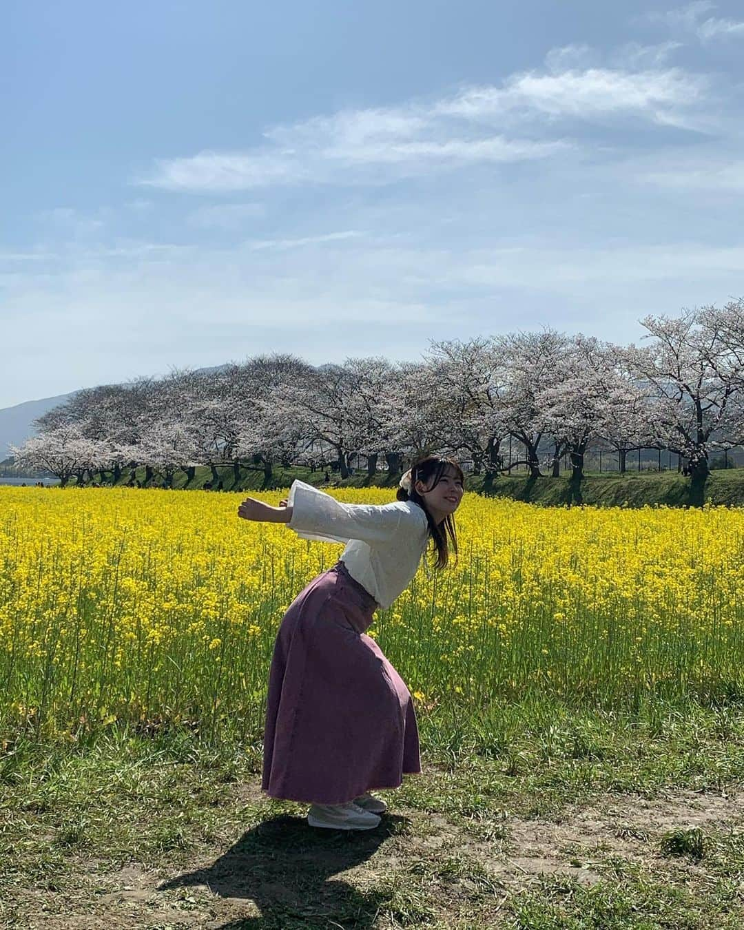 松本ルナさんのインスタグラム写真 - (松本ルナInstagram)「今日も皆さんお疲れちゃん☺️🌸  今日は昨日お伝えした通り 松本さんのジャンプ写真です🤣  しかし今回はアイドル的な ジャンプ写真が撮れたので そちらだけ載せます🤣✨笑  我ながら良い写真やん！って 珍しく褒めました🎉 自画自賛😂笑  3枚目のジャンプする前の 腕の位置も綺麗だなぁ〜 さすがダンスしてただけあるなぁ〜って 自画自賛。笑  最後の動画は こんな一瞬のジャンプで アイドル写真撮れました！ 自画自賛。 いや！！これは違う！！  撮ってくれたお母さんの タイミングに感謝！っていう動画🥳🙏🏻✨  ポカポカ陽気で気持ち良くて リフレッシュできて 来てる人達もみーんなにこにこ笑顔で 凄く幸せな休日でした☺️🌸🌸  #奈良 #勝手に奈良観光大使  #藤原宮跡 #菜の花 #桜 #癒しスポット  #田舎の景色 #幸せな瞬間をもっと世界に  #幸せな時間 #花見 #nara #narajapan #奈良を広めたい  #奈良好きな人と繋がりたい  #hanami #cherryblossom #rapeblossoms ##healing」4月5日 22時25分 - ruruna0123