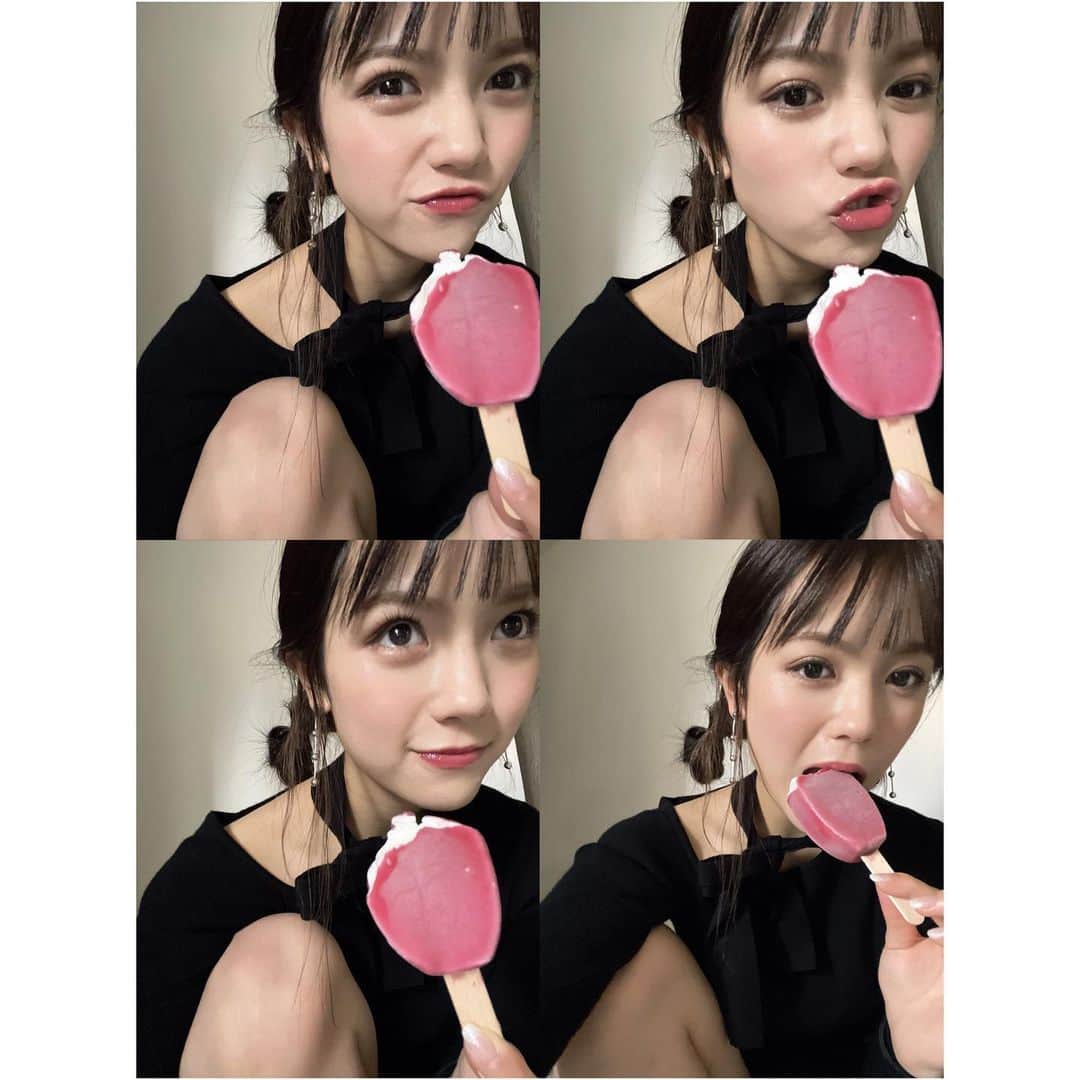村山優香のインスタグラム：「メイクさんがしてくれたヘアメは 自分で普段しないことが多くて、 嬉しくて、そのまま帰ることが多いです😋 このアイス毎日食べてる ヨーグルトアイス🍦 ♡」