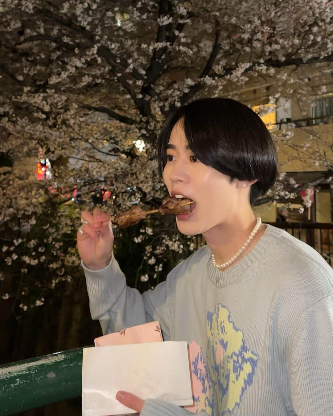 しょうきさんのインスタグラム写真 - (しょうきInstagram)「中目黒の夜桜🌸 ⁡ 今年も目黒川の桜でお花見できて幸せ！ 太陽が出ている日中の桜も素敵だけど、夜桜のライトアップされた桜もほんのりピンク色で美しくて綺麗だった🌙 ⁡ 桜を見ると春を感じられていいよね 牛タン串もカステラも食べれて大満足 ⁡ 桜に合わせて、DIORの花柄のニットで、ピンクと黄色、水色の少し淡い色味が好みで春先はこのニット一枚で沢山お出かけしたい🤴 ⁡ ⁡ #中目黒 #お花見 #目黒川 ⁡ #cherryblossom #目黒川の桜 #中目黒の桜 #目黒川お花見 #夜桜 #桜スポット #dior #diorhomme #diormen #kimjones #パールネックレス #パールピアス #パールリング #パールアクセサリー #メンズパール #ニットコーデ #春コーデ #春服コーデ」4月5日 20時44分 - shoki_h96