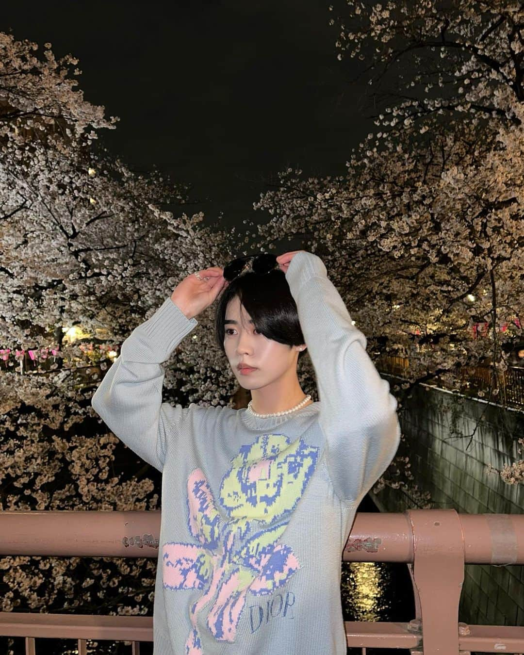 しょうきさんのインスタグラム写真 - (しょうきInstagram)「中目黒の夜桜🌸 ⁡ 今年も目黒川の桜でお花見できて幸せ！ 太陽が出ている日中の桜も素敵だけど、夜桜のライトアップされた桜もほんのりピンク色で美しくて綺麗だった🌙 ⁡ 桜を見ると春を感じられていいよね 牛タン串もカステラも食べれて大満足 ⁡ 桜に合わせて、DIORの花柄のニットで、ピンクと黄色、水色の少し淡い色味が好みで春先はこのニット一枚で沢山お出かけしたい🤴 ⁡ ⁡ #中目黒 #お花見 #目黒川 ⁡ #cherryblossom #目黒川の桜 #中目黒の桜 #目黒川お花見 #夜桜 #桜スポット #dior #diorhomme #diormen #kimjones #パールネックレス #パールピアス #パールリング #パールアクセサリー #メンズパール #ニットコーデ #春コーデ #春服コーデ」4月5日 20時44分 - shoki_h96