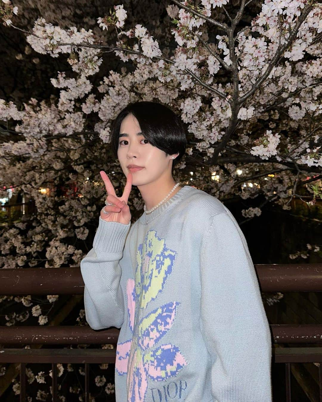 しょうきのインスタグラム：「中目黒の夜桜🌸 ⁡ 今年も目黒川の桜でお花見できて幸せ！ 太陽が出ている日中の桜も素敵だけど、夜桜のライトアップされた桜もほんのりピンク色で美しくて綺麗だった🌙 ⁡ 桜を見ると春を感じられていいよね 牛タン串もカステラも食べれて大満足 ⁡ 桜に合わせて、DIORの花柄のニットで、ピンクと黄色、水色の少し淡い色味が好みで春先はこのニット一枚で沢山お出かけしたい🤴 ⁡ ⁡ #中目黒 #お花見 #目黒川 ⁡ #cherryblossom #目黒川の桜 #中目黒の桜 #目黒川お花見 #夜桜 #桜スポット #dior #diorhomme #diormen #kimjones #パールネックレス #パールピアス #パールリング #パールアクセサリー #メンズパール #ニットコーデ #春コーデ #春服コーデ」